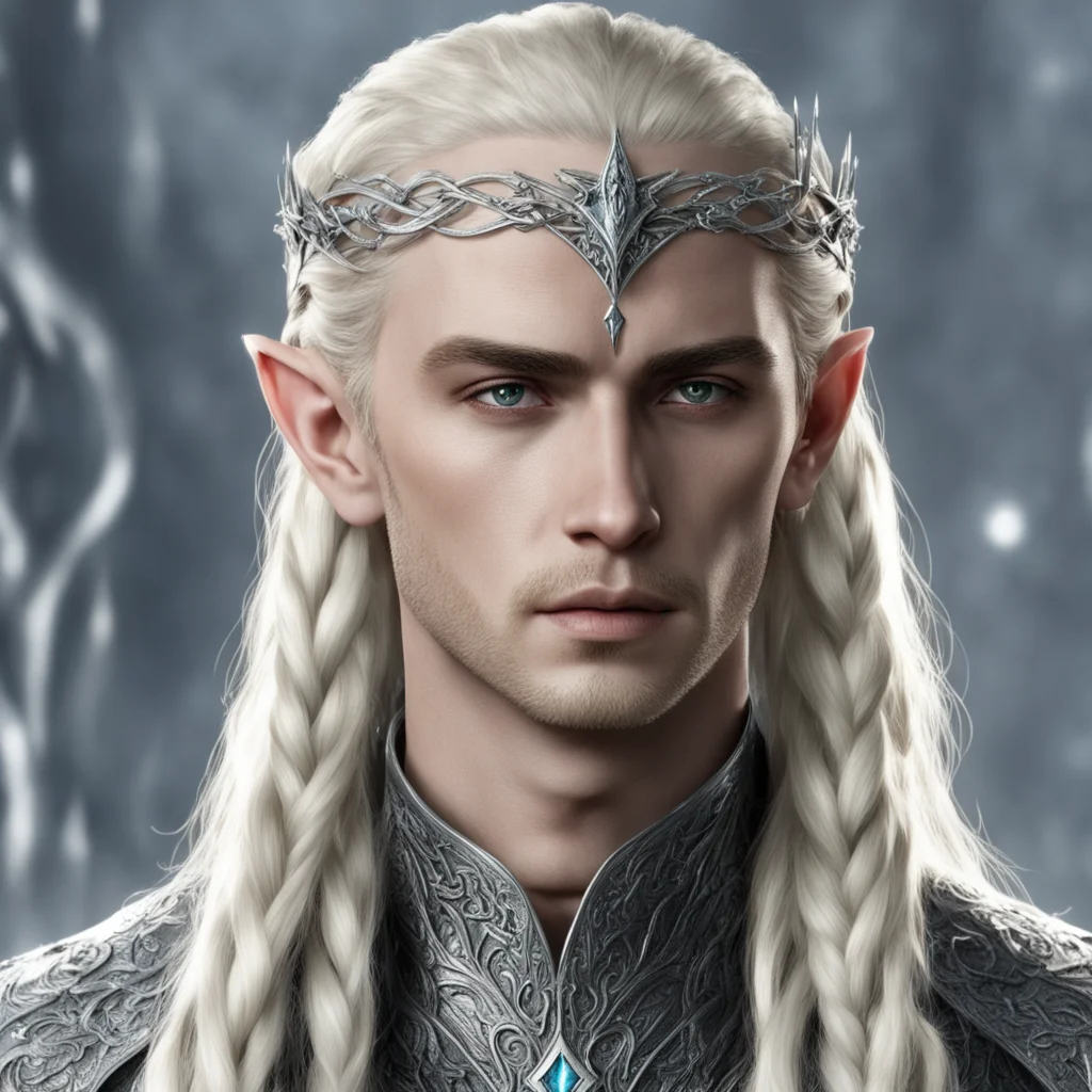 aiking thranduil with blond hair and braids wearing silver nandorin elvish coroner encrusted with diamonds with large center diamond good looking trending fantastic 1