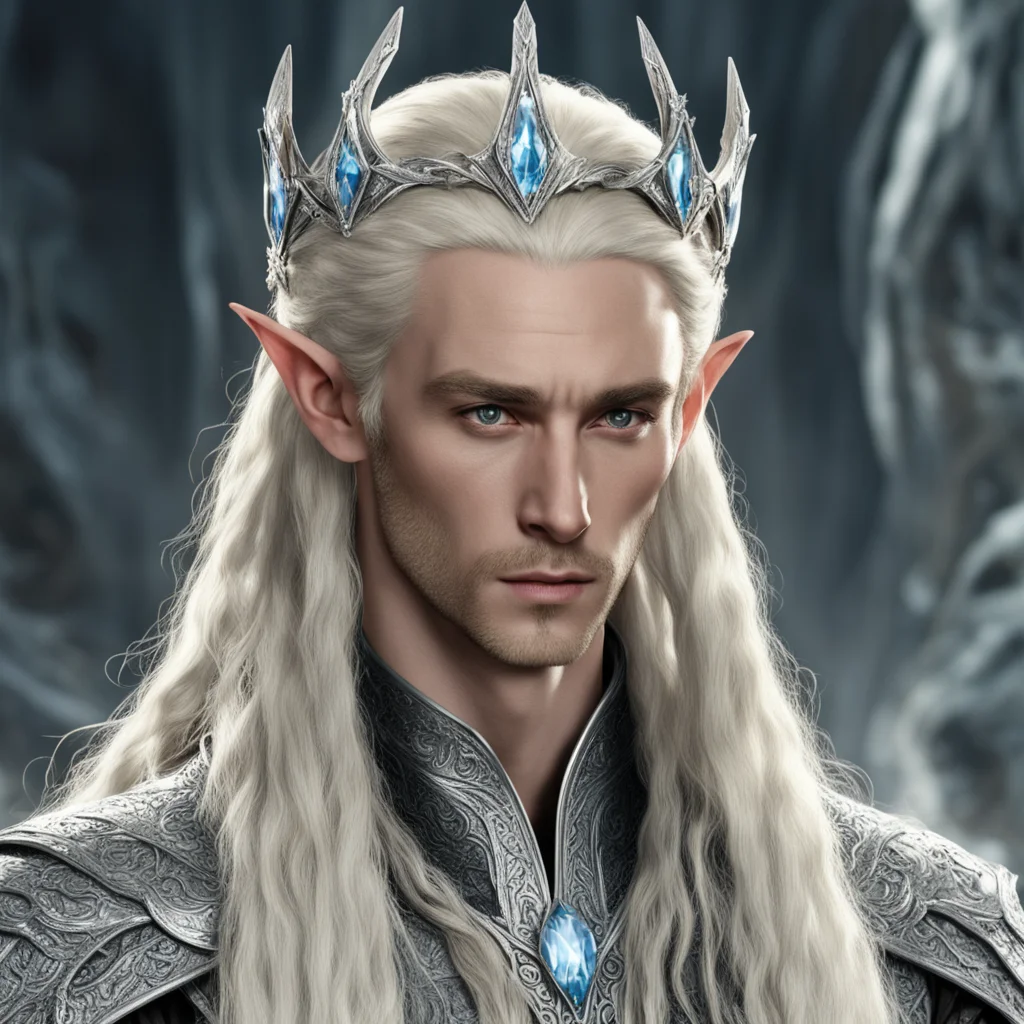 aiking thranduil with blond hair and braids wearing silver nandorin elvish coroner encrusted with diamonds with large center diamond on circlet amazing awesome portrait 2