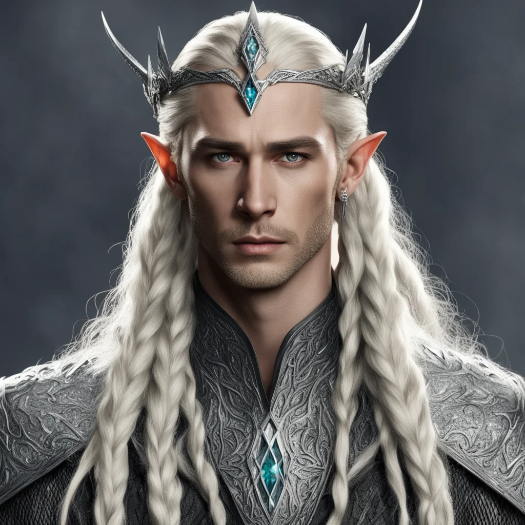 king thranduil with blond hair and braids wearing silver nandorin elvish coroner encrusted with diamonds with large center diamond on circlet good looking trending fantastic 1