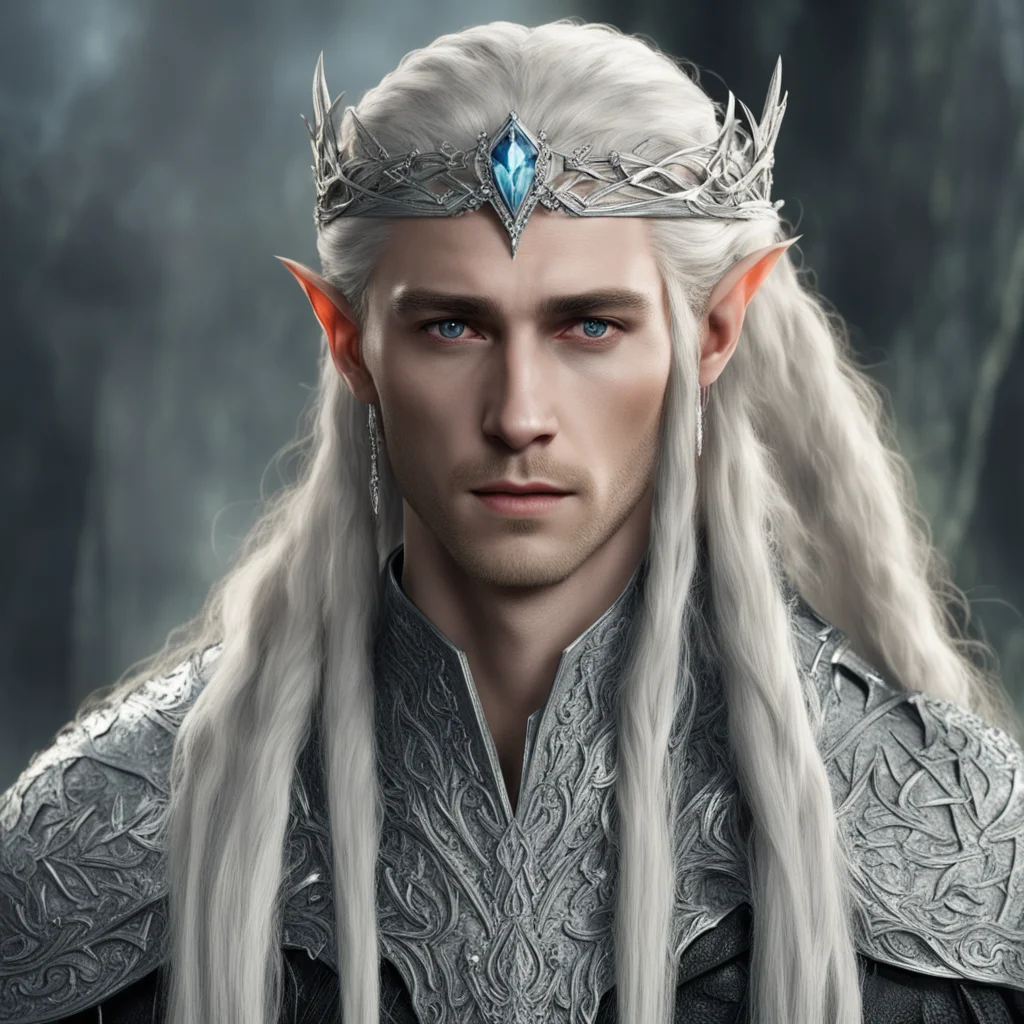 aiking thranduil with blond hair and braids wearing silver nandorin elvish coroner encrusted with diamonds with large center diamond on circlet