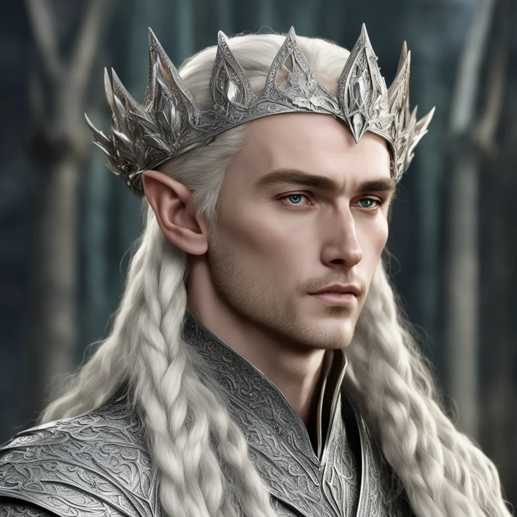 aiking thranduil with blond hair and braids wearing silver nandorin elvish coronet encrusted with diamonds with large center diamond  amazing awesome portrait 2