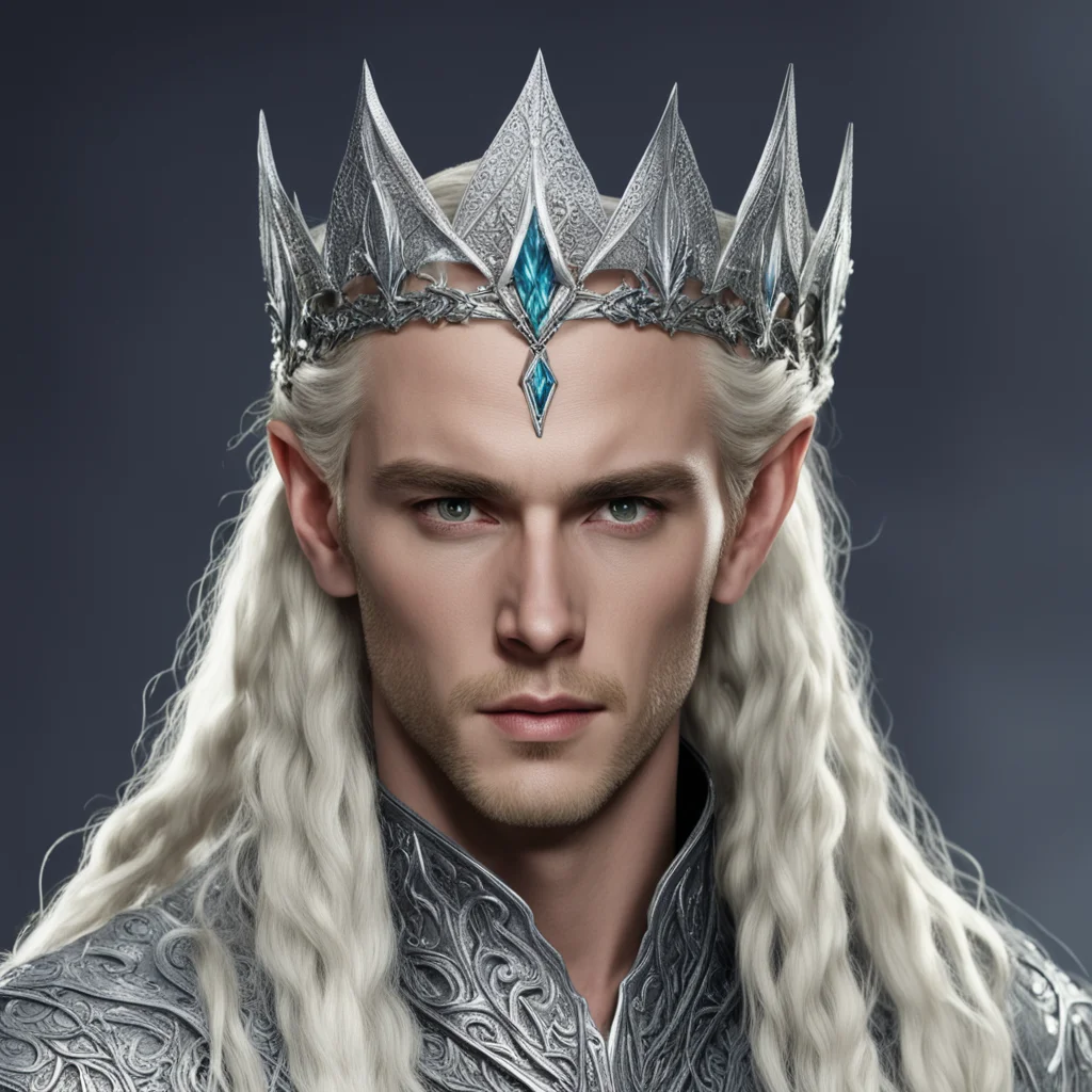 king thranduil with blond hair and braids wearing silver nandorin elvish coronet encrusted with diamonds with large center diamond  good looking trending fantastic 1