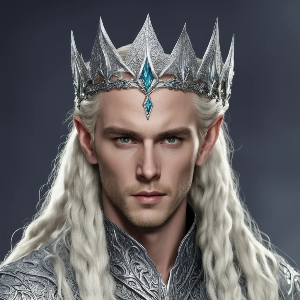 aiking thranduil with blond hair and braids wearing silver nandorin elvish coronet encrusted with diamonds with large center diamond  good looking trending fantastic 1