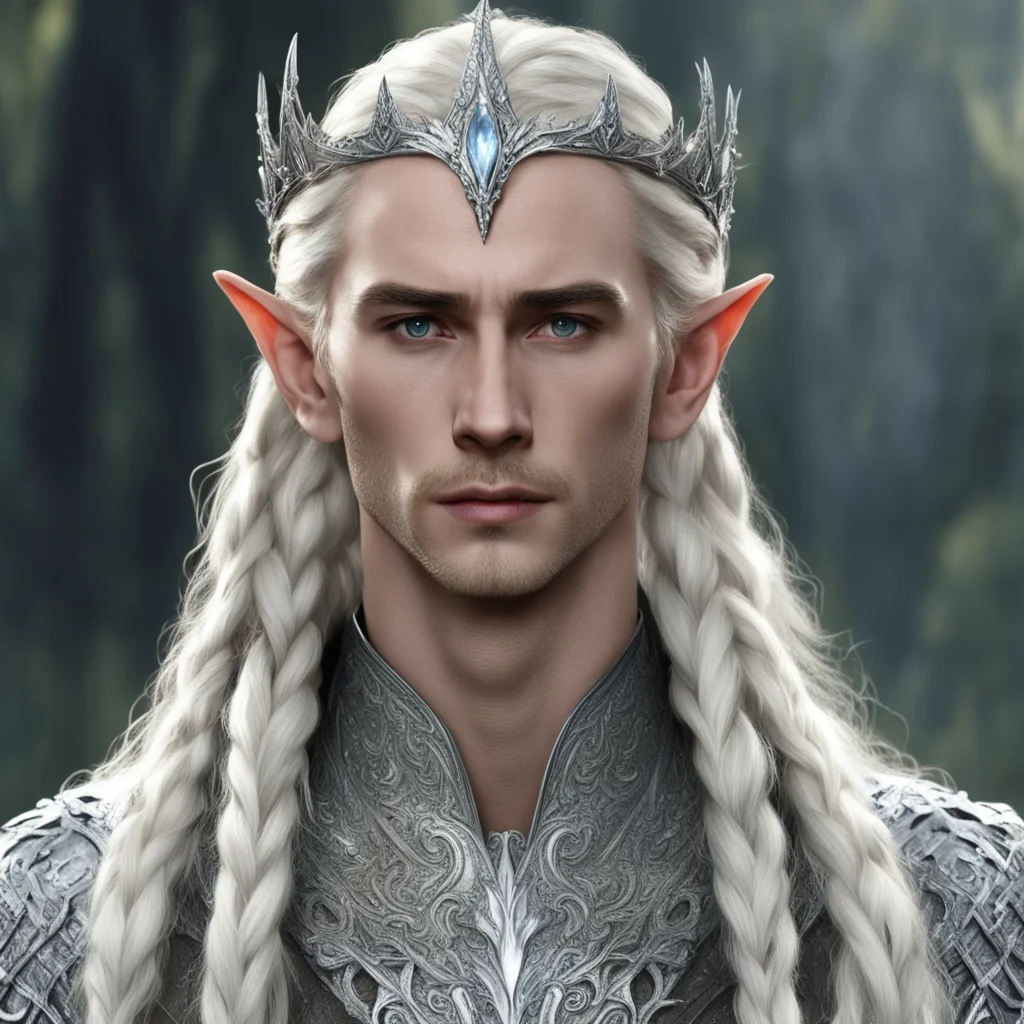 aiking thranduil with blond hair and braids wearing silver nandorin elvish coronet encrusted with diamonds with large center diamond 