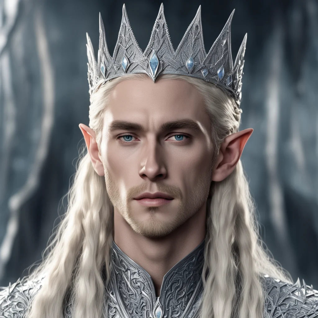 aiking thranduil with blond hair and braids wearing silver nandorin elvish crown encrusted with diamonds with large center diamond on crown amazing awesome portrait 2