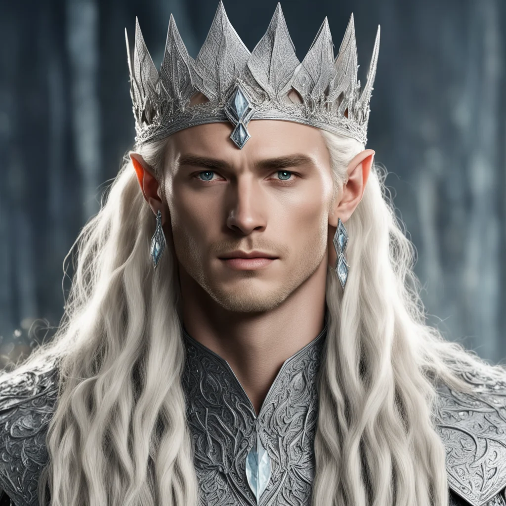 aiking thranduil with blond hair and braids wearing silver nandorin elvish crown encrusted with diamonds with large center diamond on crown good looking trending fantastic 1