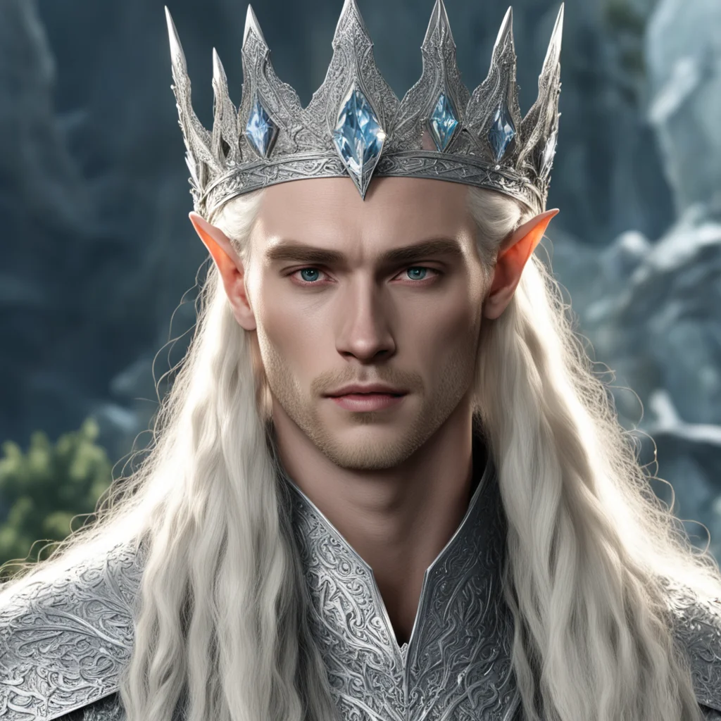 aiking thranduil with blond hair and braids wearing silver nandorin elvish crown encrusted with diamonds with large center diamond on crown