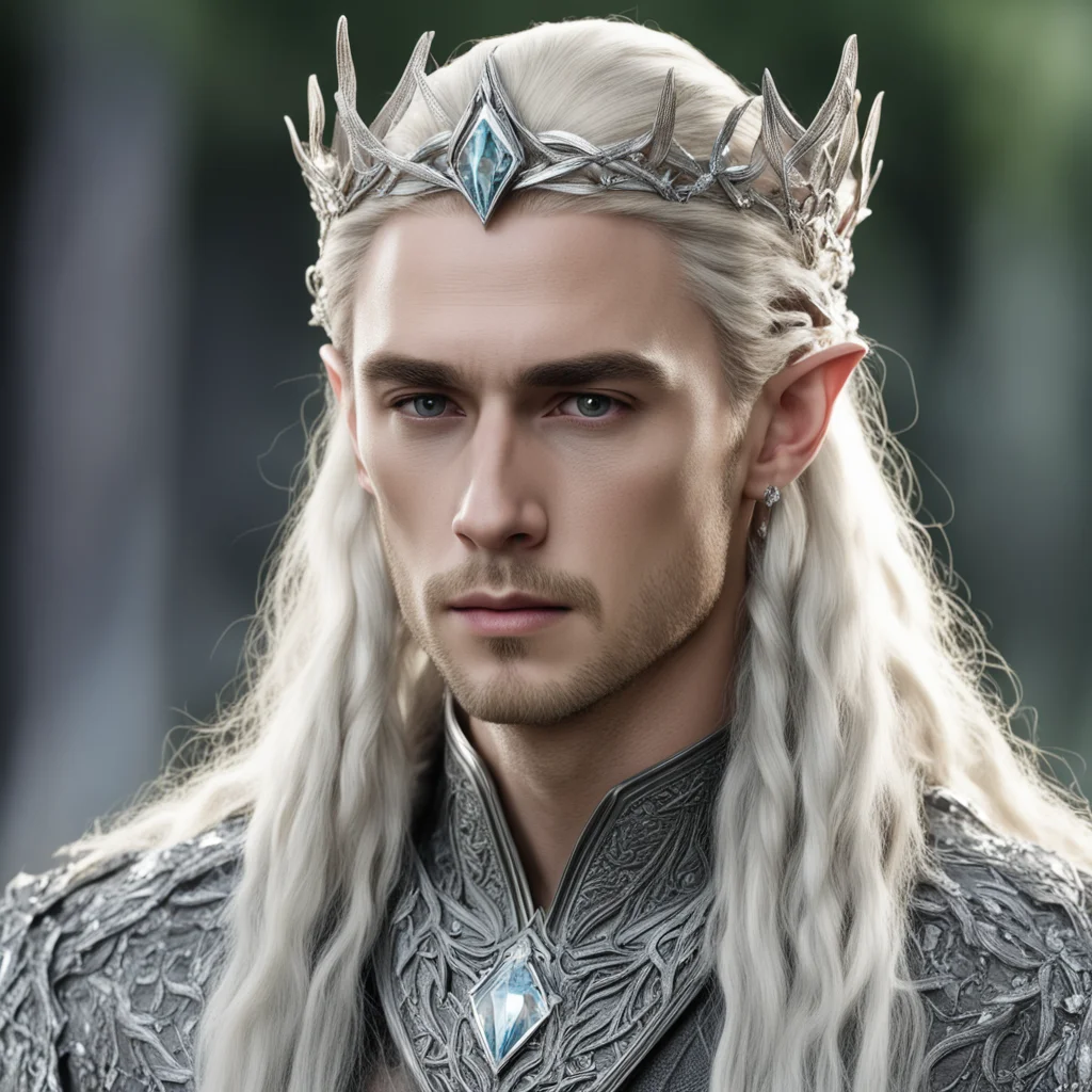 aiking thranduil with blond hair and braids wearing silver oak leaf and diamond acorn silver elvish circlet encrusted with diamonds with large center diamond  amazing awesome portrait 2