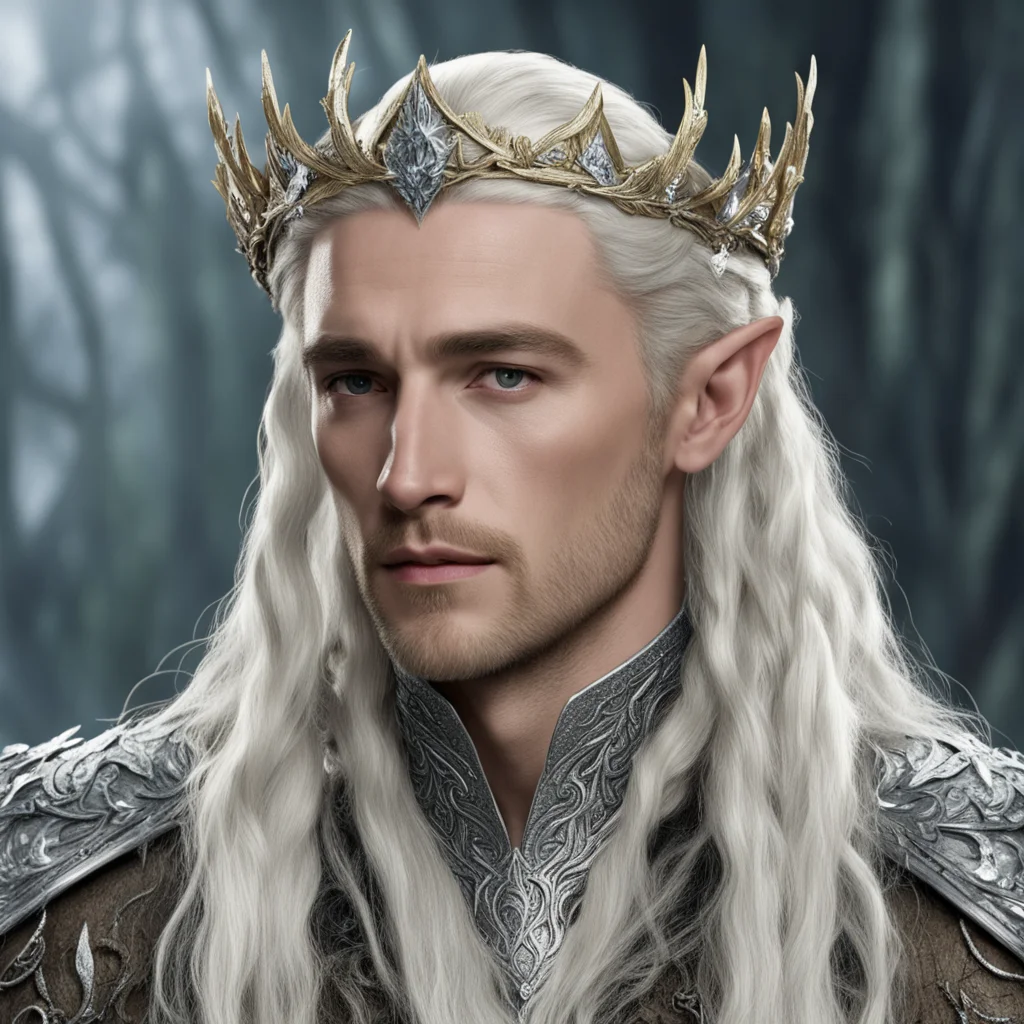 aiking thranduil with blond hair and braids wearing silver oak leaf and diamond acorn silver elvish circlet encrusted with diamonds with large center diamond  good looking trending fantastic 1