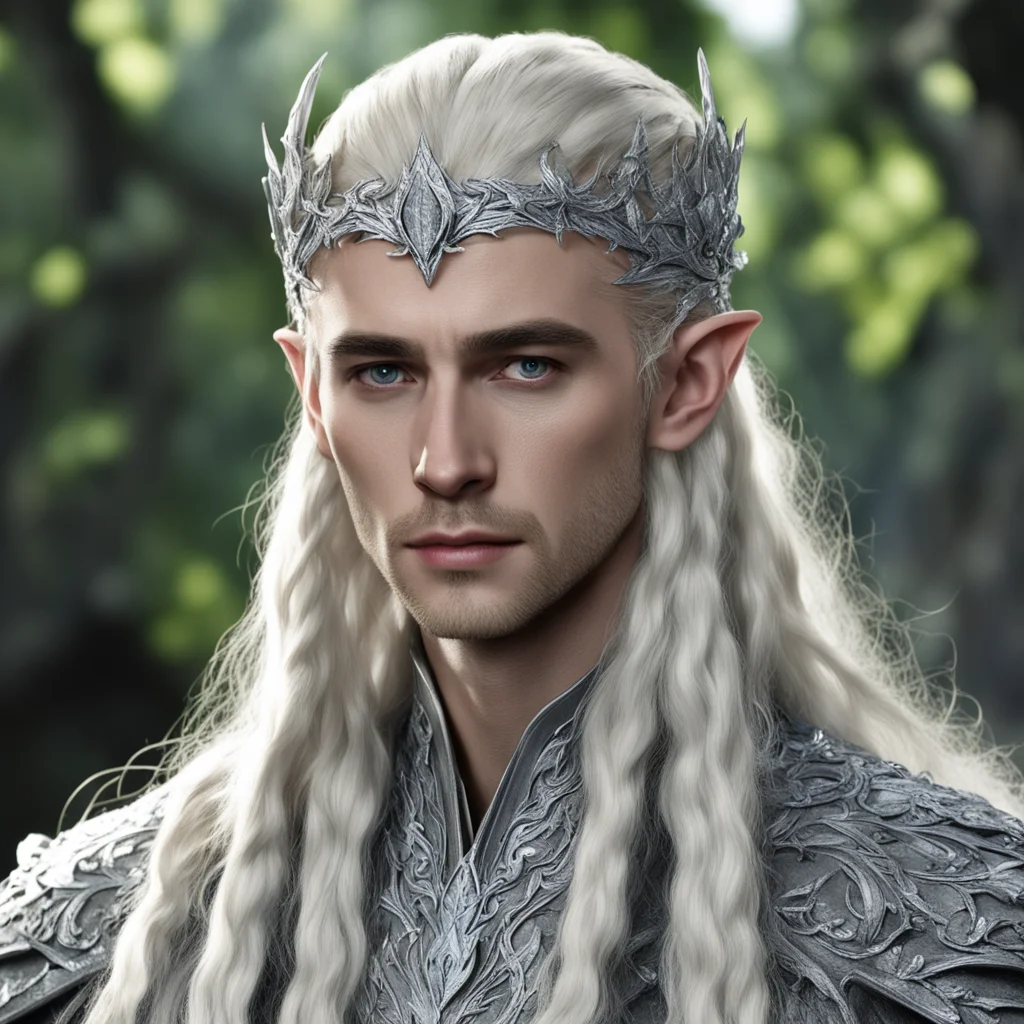 king thranduil with blond hair and braids wearing silver oak leaf and diamond acorn silver elvish circlet encrusted with diamonds with large center diamond 