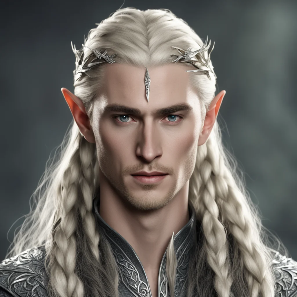 aiking thranduil with blond hair and braids wearing silver oak leaf and diamond elvish hair forks amazing awesome portrait 2