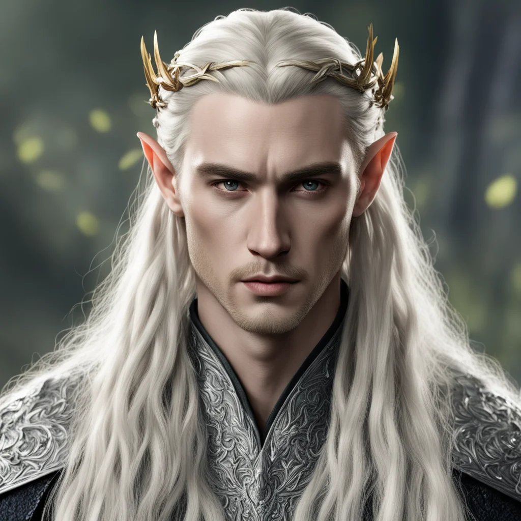 aiking thranduil with blond hair and braids wearing silver oak leaf and diamond elvish hair forks good looking trending fantastic 1