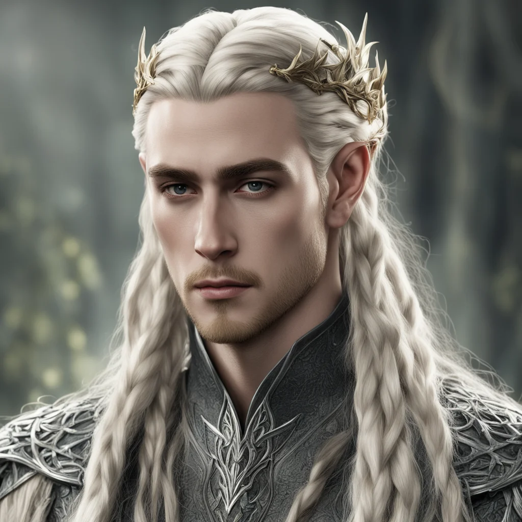 aiking thranduil with blond hair and braids wearing silver oak leaf and diamond elvish hair forks