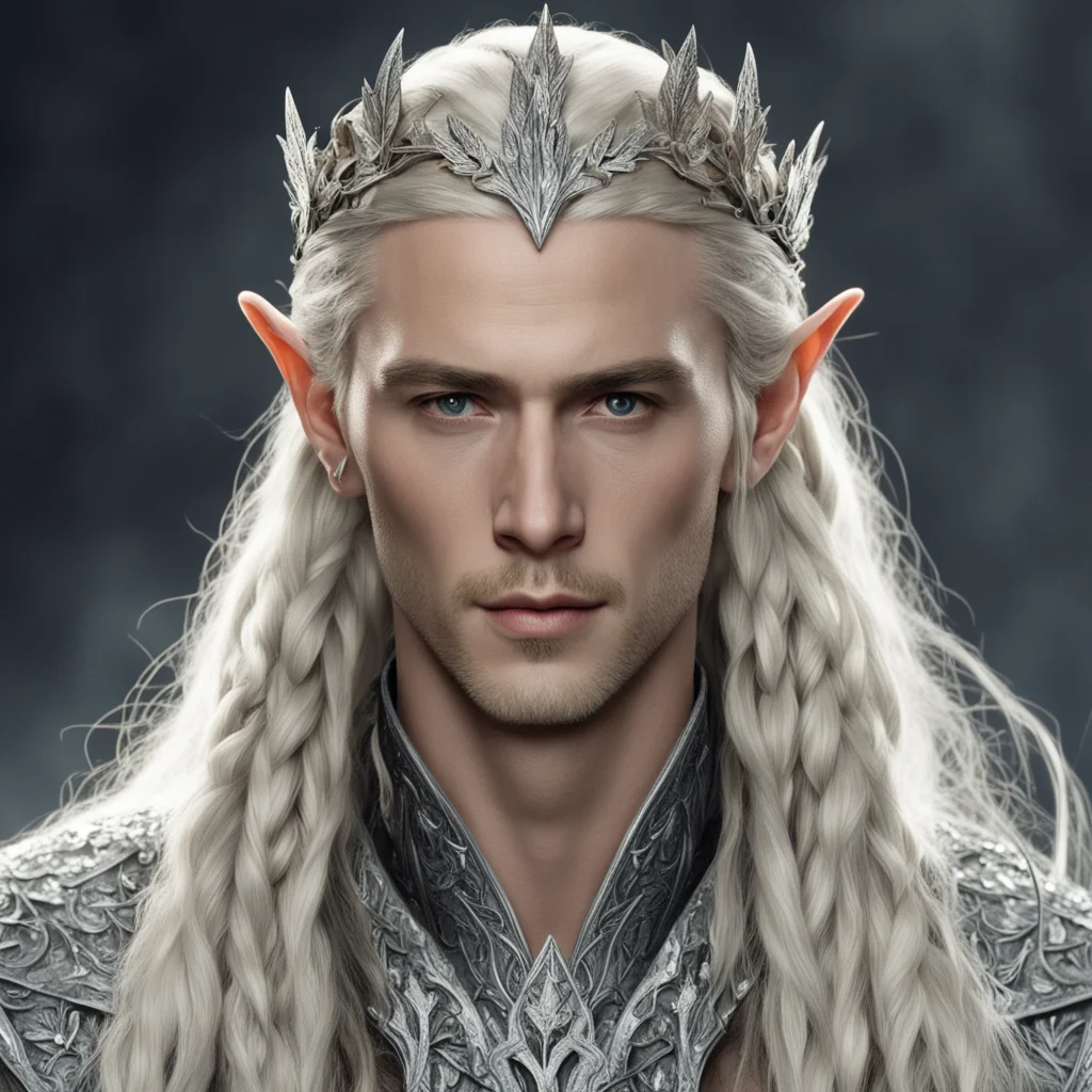 aiking thranduil with blond hair and braids wearing silver oak leaf elvish circlet encrusted with diamonds and large center cluster of diamonds amazing awesome portrait 2