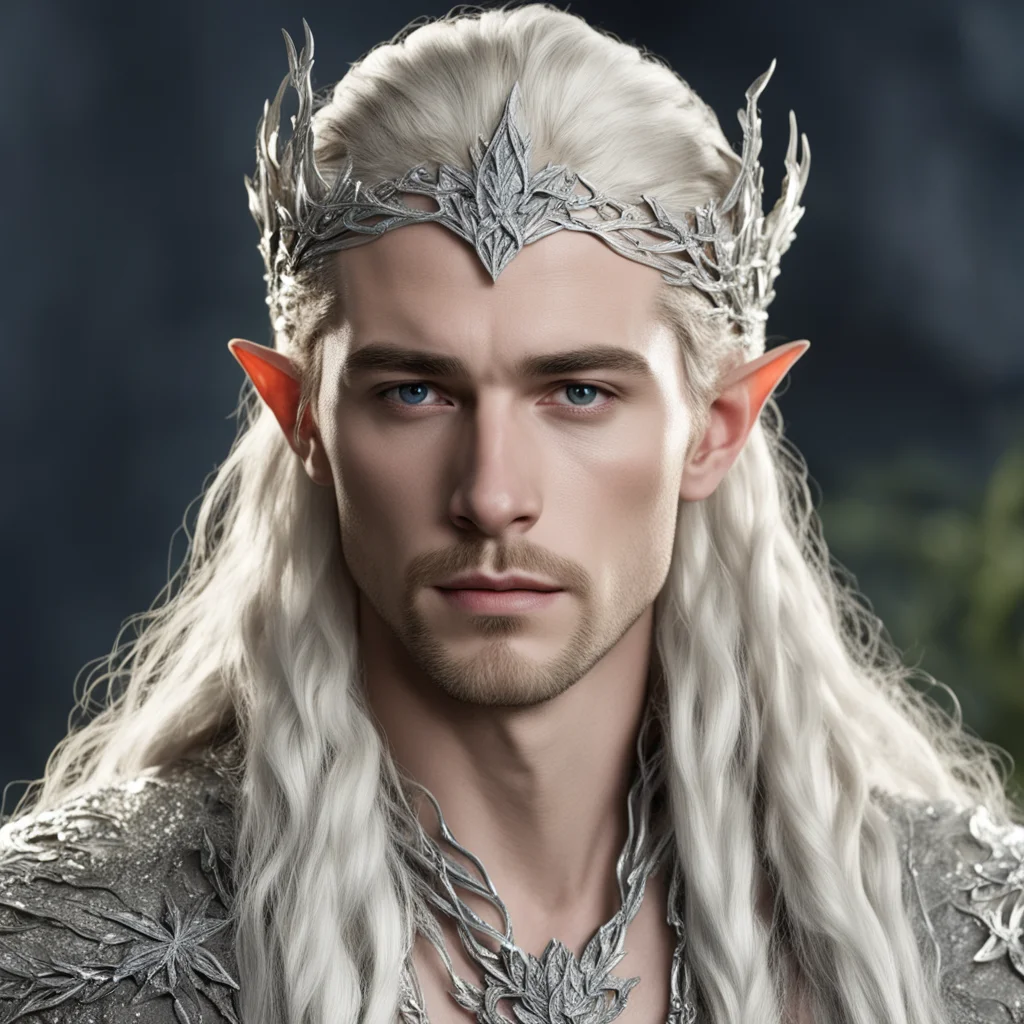 aiking thranduil with blond hair and braids wearing silver oak leaf elvish circlet encrusted with diamonds and large center cluster of diamonds good looking trending fantastic 1