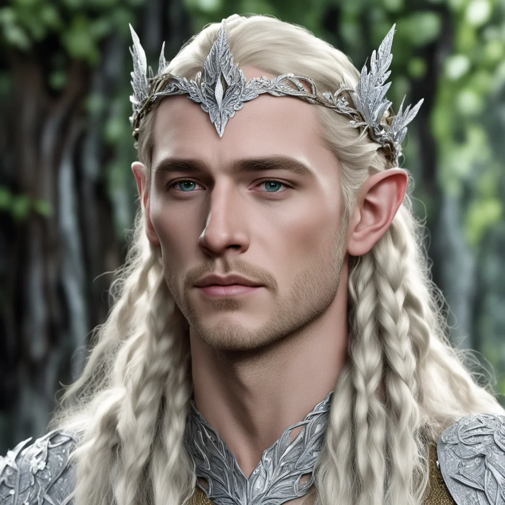 aiking thranduil with blond hair and braids wearing silver oak leaf elvish circlet encrusted with diamonds and large center cluster of diamonds