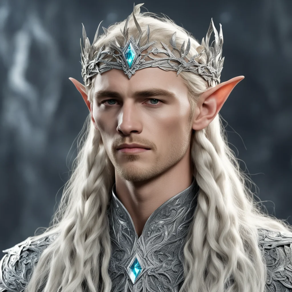aiking thranduil with blond hair and braids wearing silver oak leaf elvish circlet encrusted with diamonds with large center diamond good looking trending fantastic 1