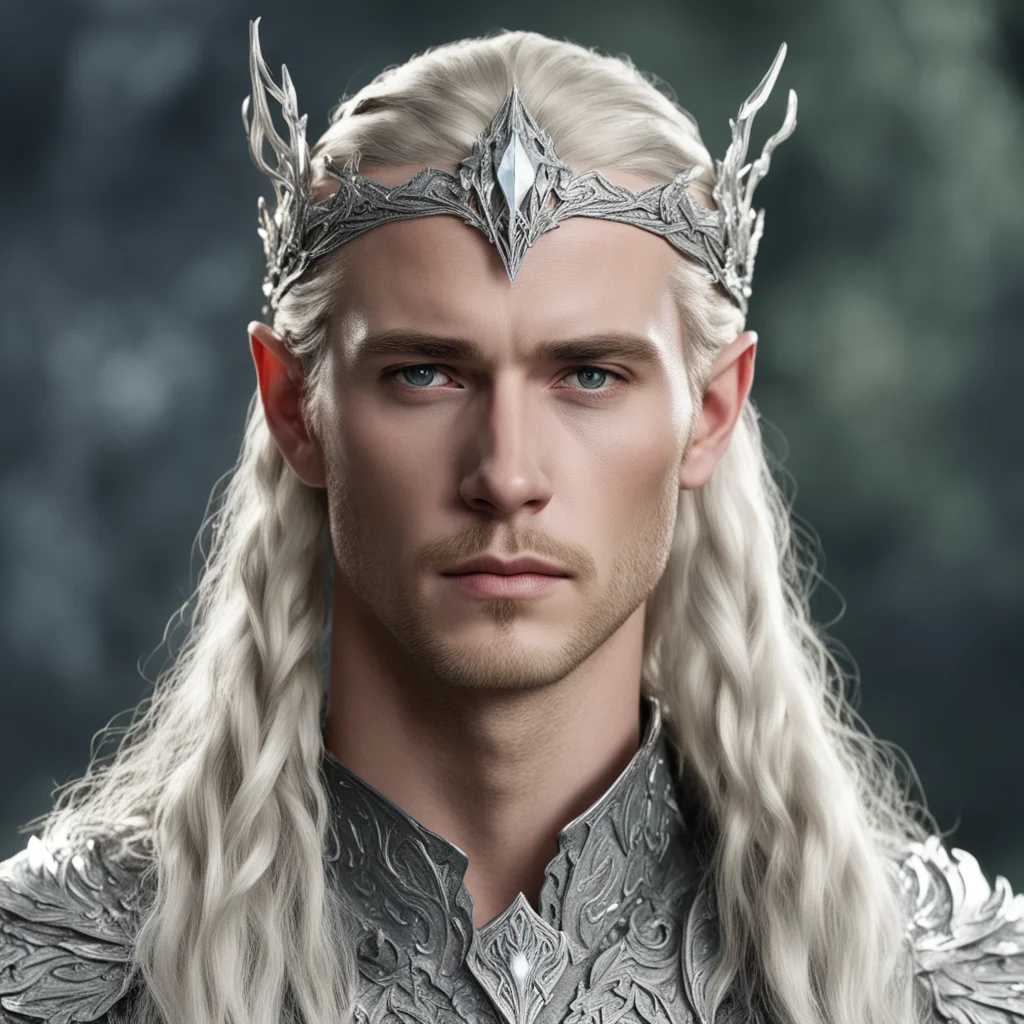 king thranduil with blond hair and braids wearing silver oak leaf elvish circlet encrusted with diamonds with large center diamond