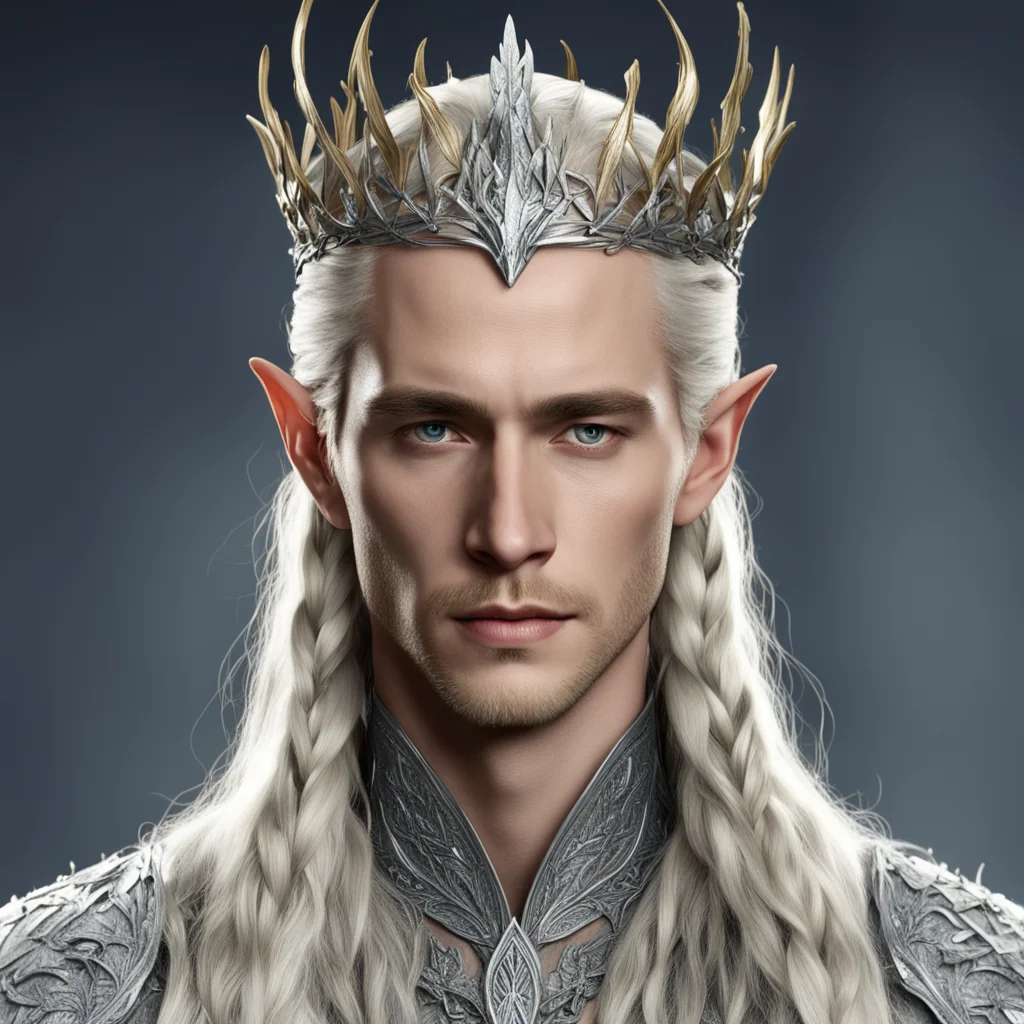 aiking thranduil with blond hair and braids wearing silver oak leaf elvish circlet encrusted with diamonds