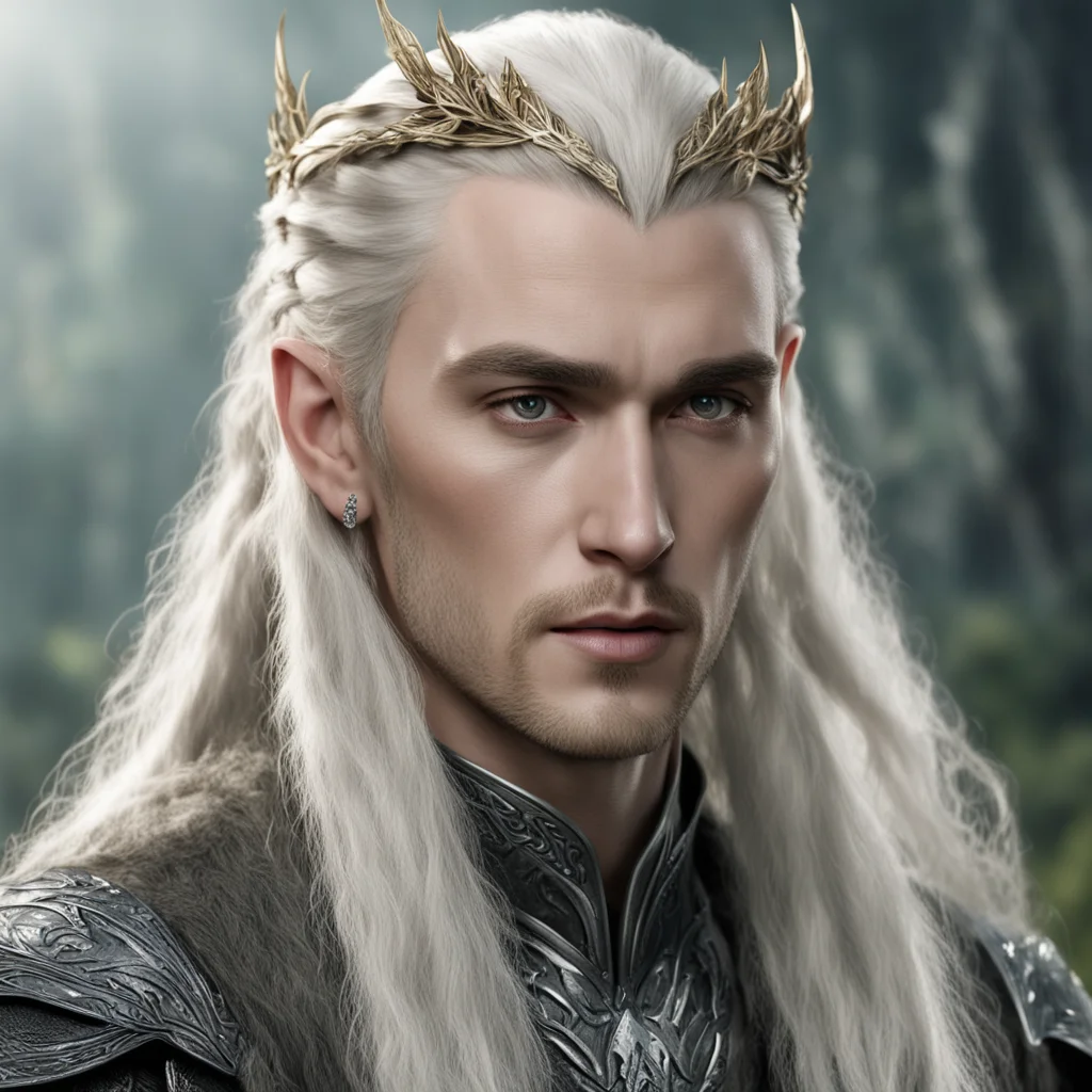 aiking thranduil with blond hair and braids wearing silver oak leaf elvish hair forks with large diamonds amazing awesome portrait 2