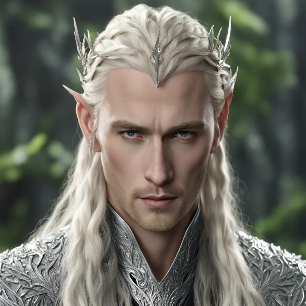 aiking thranduil with blond hair and braids wearing silver oak leaf elvish hair forks with large diamonds confident engaging wow artstation art 3