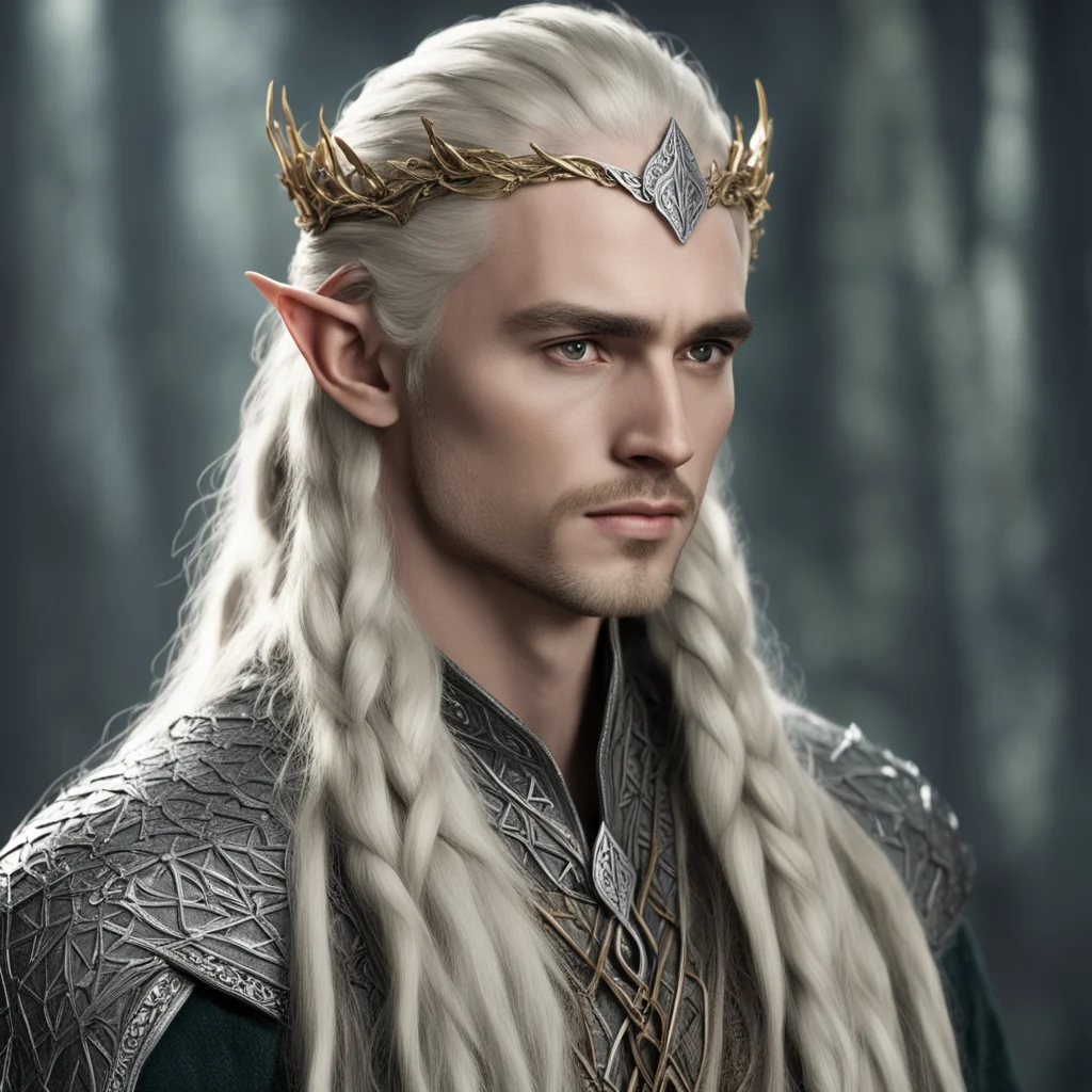 aiking thranduil with blond hair and braids wearing silver oak leaf elvish hair forks with large diamonds good looking trending fantastic 1