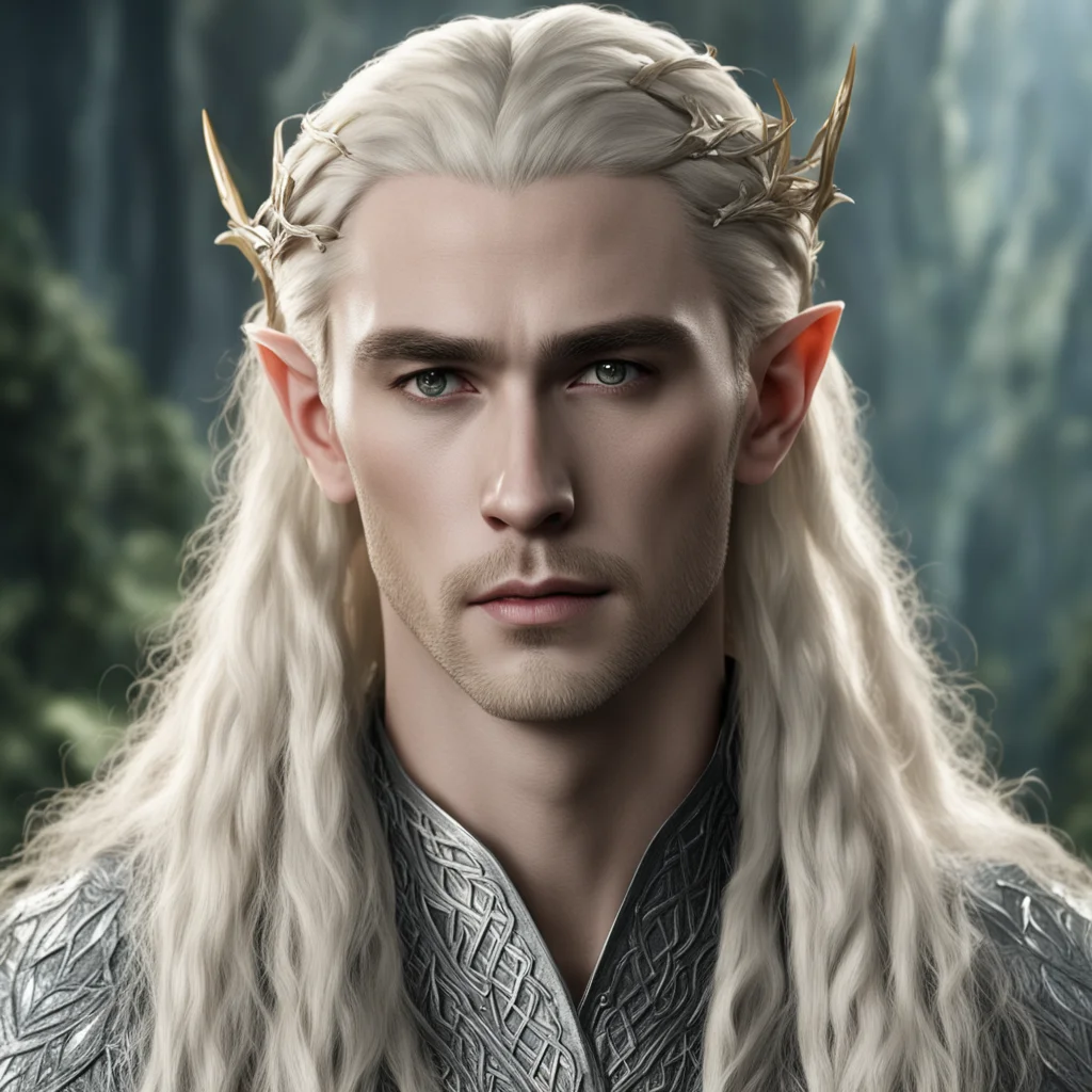 king thranduil with blond hair and braids wearing silver oak leaf elvish hair forks with large diamonds