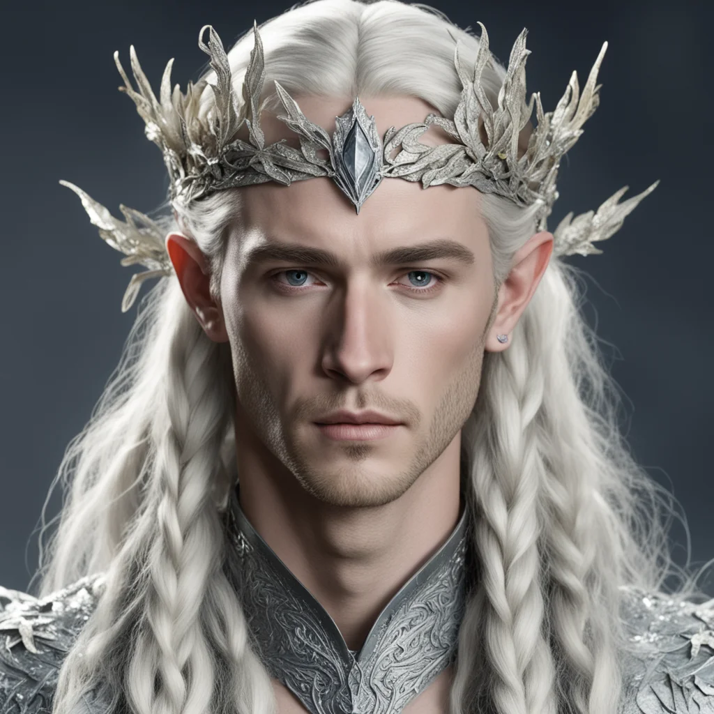 king thranduil with blond hair and braids wearing silver oak leaf encrusted with diamonds forming a silver serpentine elvish circlet encrusted with diamonds with large center diamond confident engag
