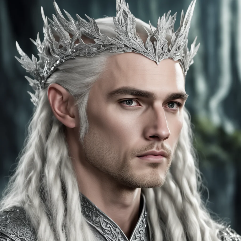 king thranduil with blond hair and braids wearing silver oak leaf encrusted with diamonds forming a silver serpentine elvish circlet encrusted with diamonds with large center diamond
