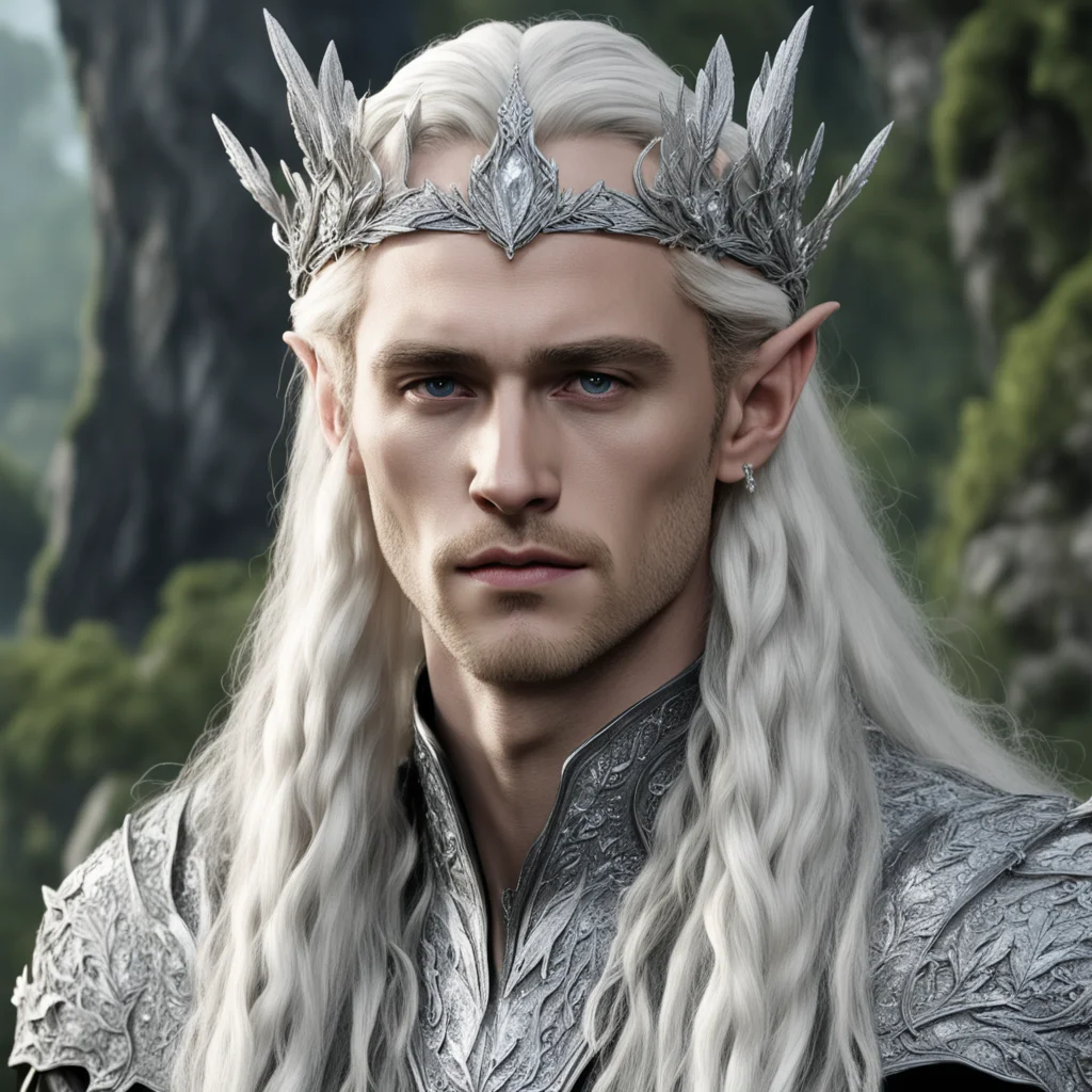 aiking thranduil with blond hair and braids wearing silver oak leaf silver elvish circlet encrusted with diamonds with large center diamond amazing awesome portrait 2
