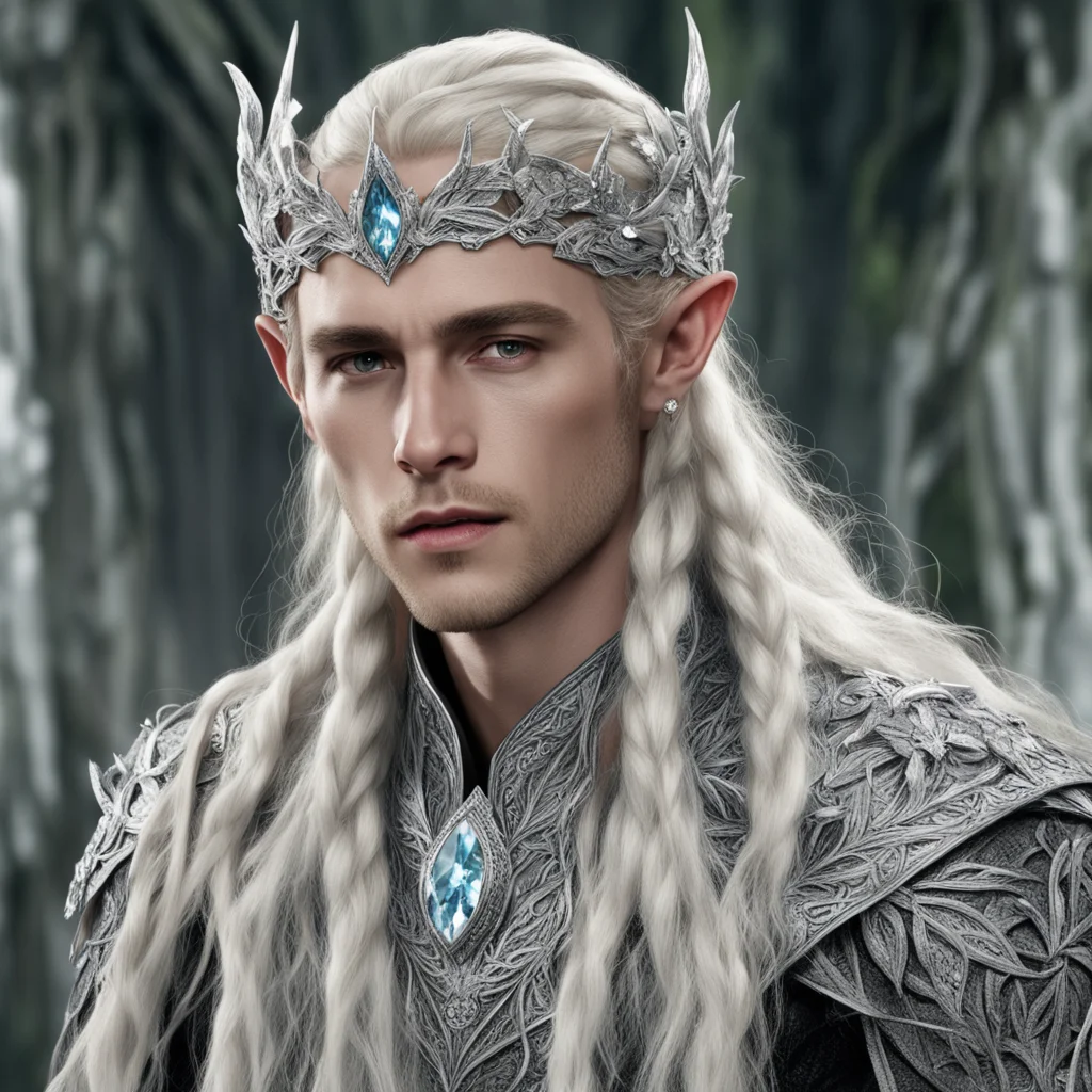 aiking thranduil with blond hair and braids wearing silver oak leaf silver elvish circlet encrusted with diamonds with large center diamond confident engaging wow artstation art 3