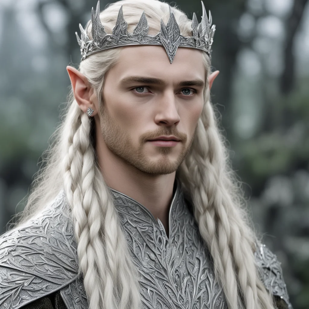 king thranduil with blond hair and braids wearing silver oak leaf silver elvish circlet encrusted with diamonds with large center diamond good looking trending fantastic 1