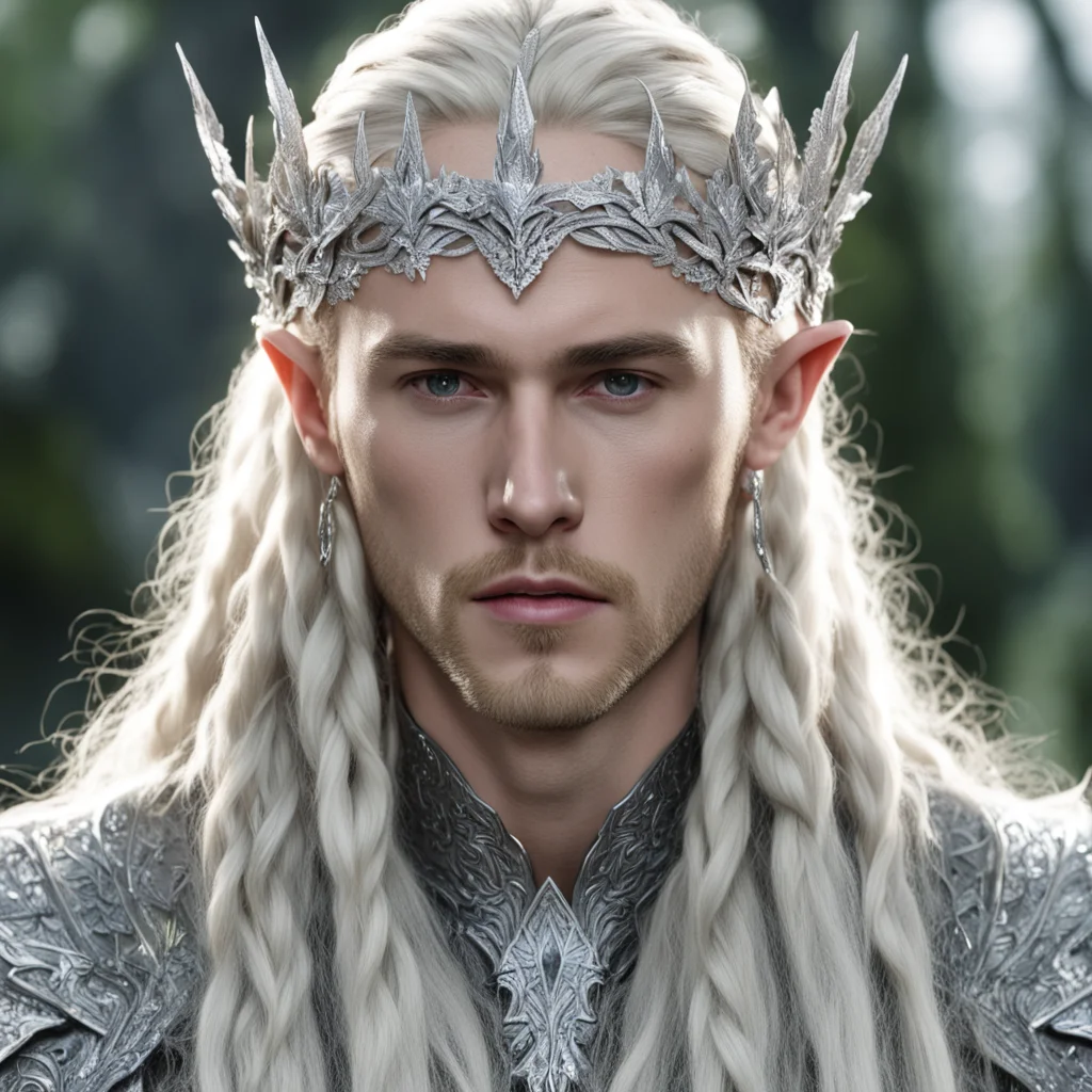 aiking thranduil with blond hair and braids wearing silver oak leaf silver elvish circlet encrusted with diamonds with large center diamond