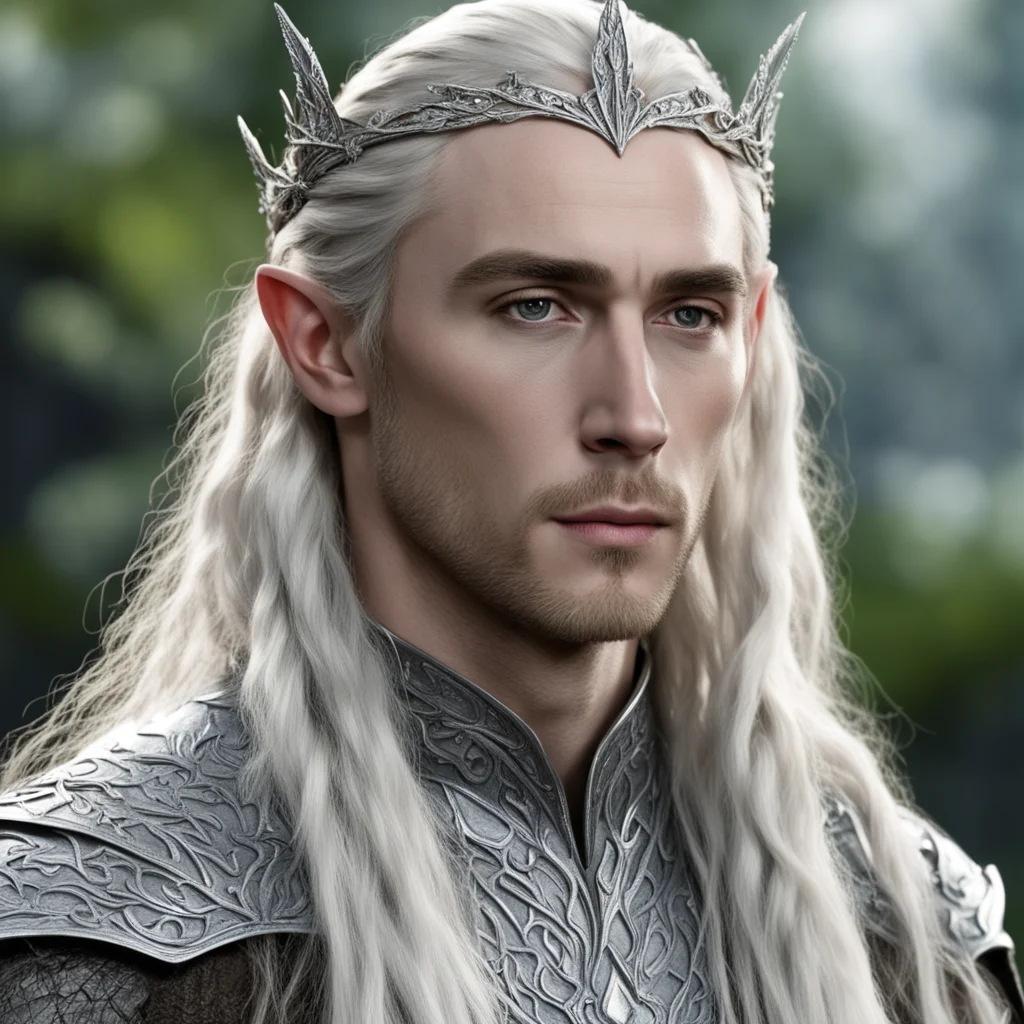 aiking thranduil with blond hair and braids wearing silver oak leaf silver elvish circlet heavily encouraged with diamonds with large center diamond amazing awesome portrait 2