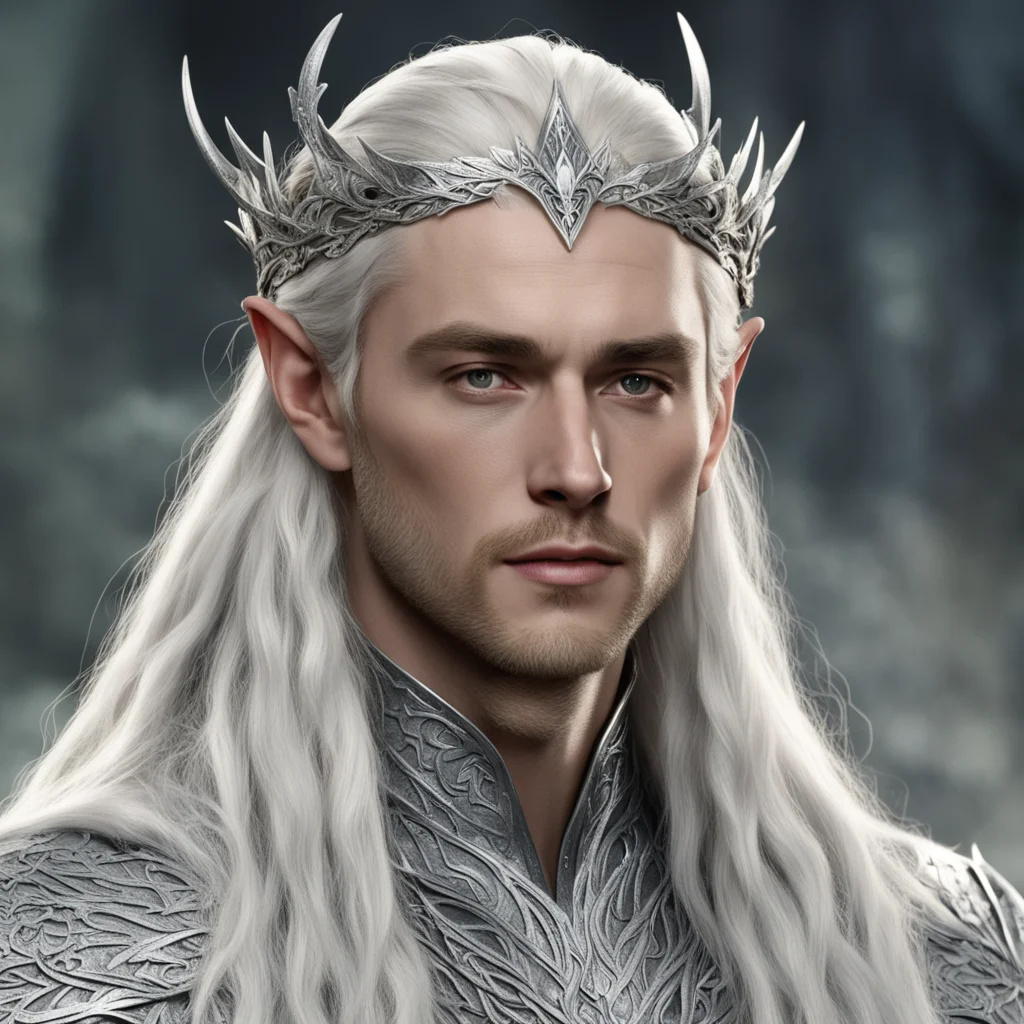 aiking thranduil with blond hair and braids wearing silver oak leaf silver elvish circlet heavily encouraged with diamonds with large center diamond confident engaging wow artstation art 3