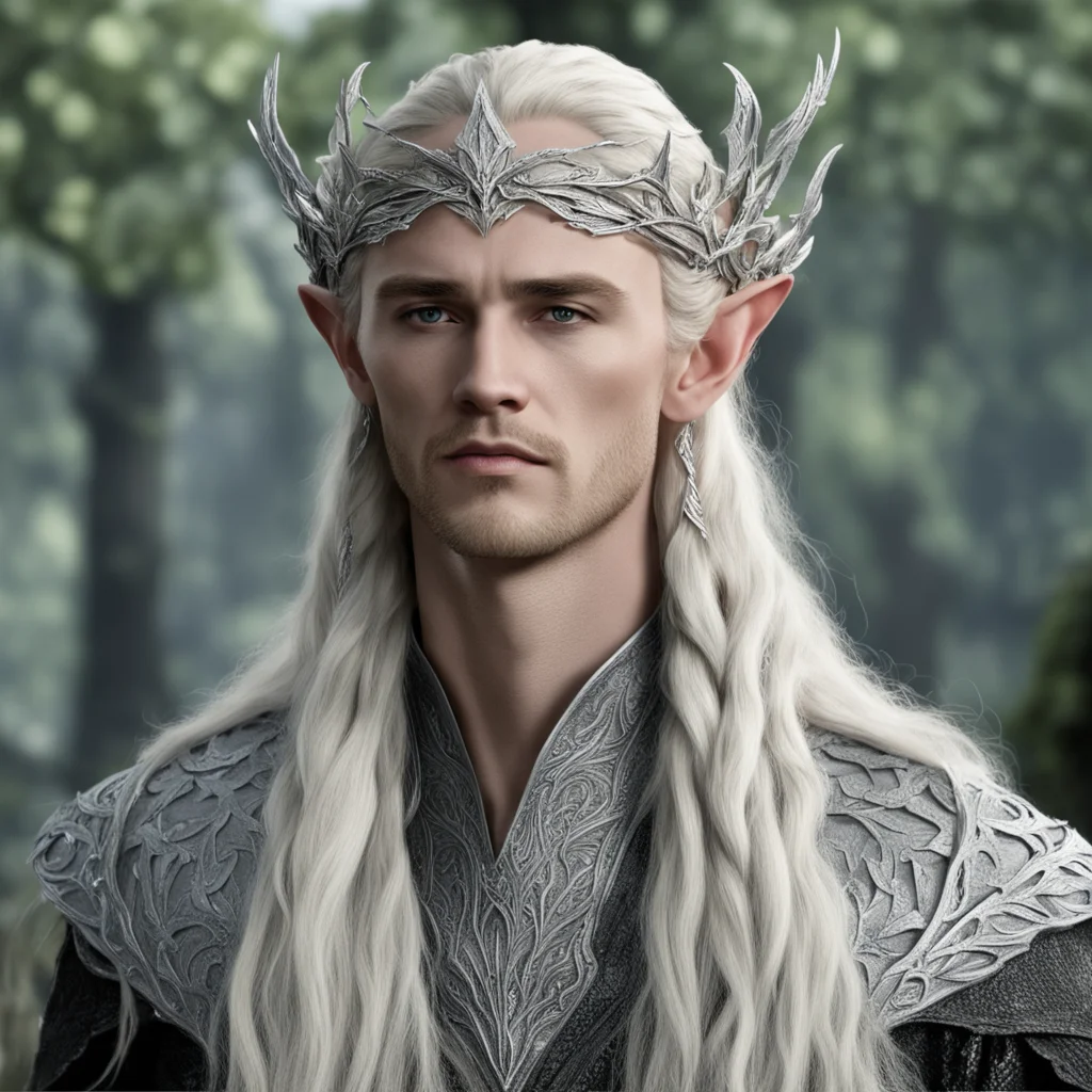 aiking thranduil with blond hair and braids wearing silver oak leaf silver elvish circlet heavily encouraged with diamonds with large center diamond