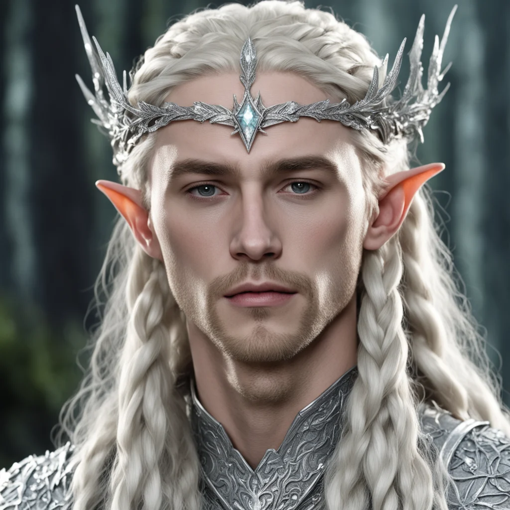 aiking thranduil with blond hair and braids wearing silver oak leaf silver elvish circlet heavily encrusted with diamonds with large center diamond amazing awesome portrait 2