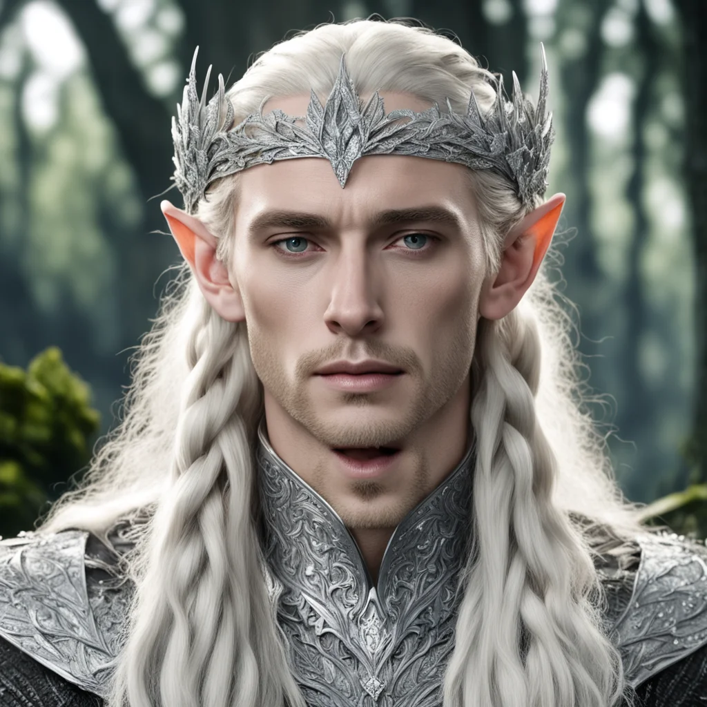 aiking thranduil with blond hair and braids wearing silver oak leaf silver elvish circlet heavily encrusted with diamonds with large center diamond confident engaging wow artstation art 3