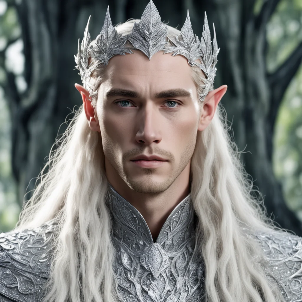 aiking thranduil with blond hair and braids wearing silver oak leaf silver elvish circlet heavily encrusted with diamonds with large center diamond good looking trending fantastic 1