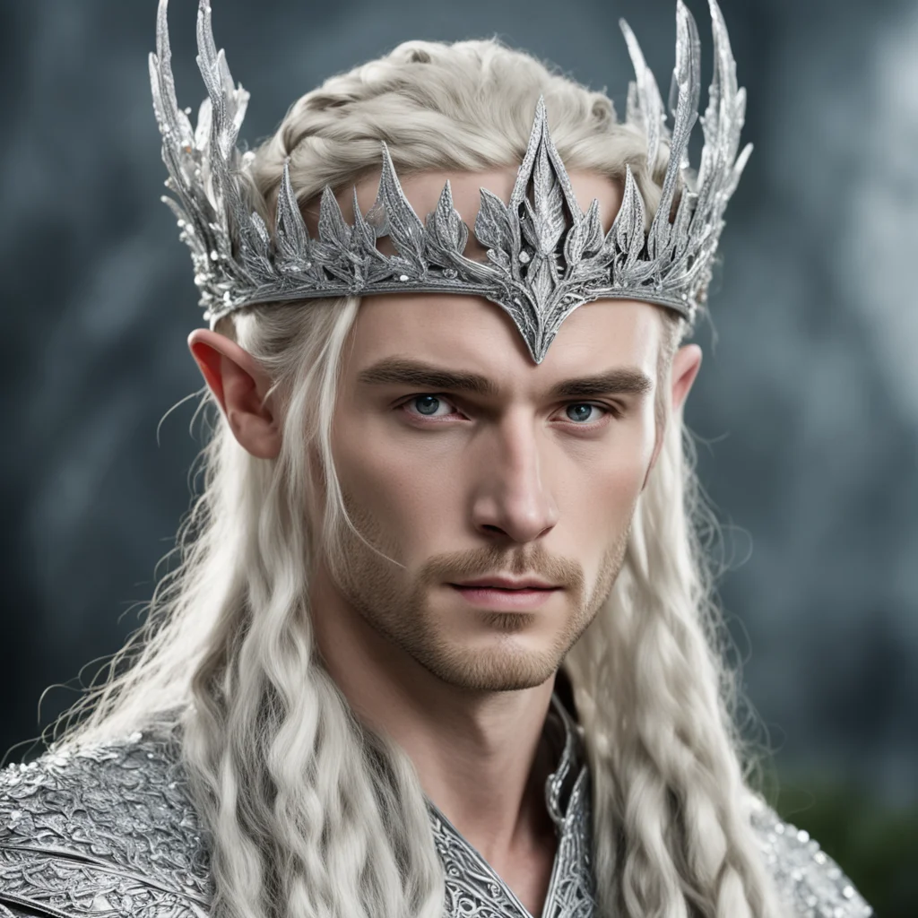 aiking thranduil with blond hair and braids wearing silver oak leaf silver elvish circlet heavily encrusted with diamonds with large center diamond
