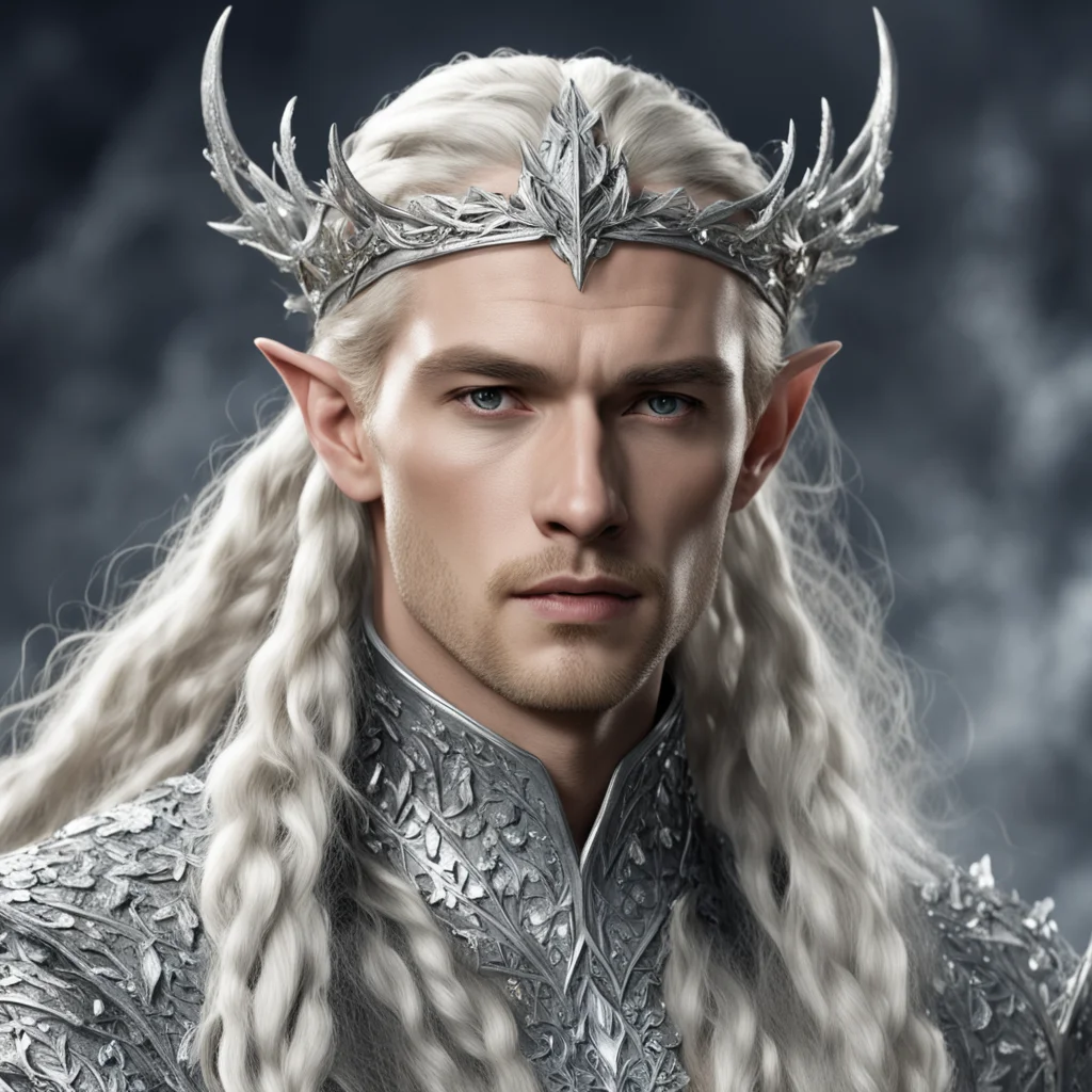 aiking thranduil with blond hair and braids wearing silver oak leaf silver elvish circlet heavily encrusted with large diamonds with large center diamond  amazing awesome portrait 2