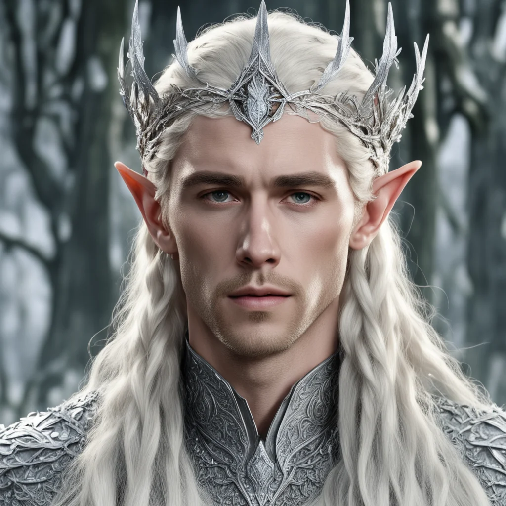 aiking thranduil with blond hair and braids wearing silver oak leaf silver elvish circlet heavily encrusted with large diamonds with large center diamond  confident engaging wow artstation art 3