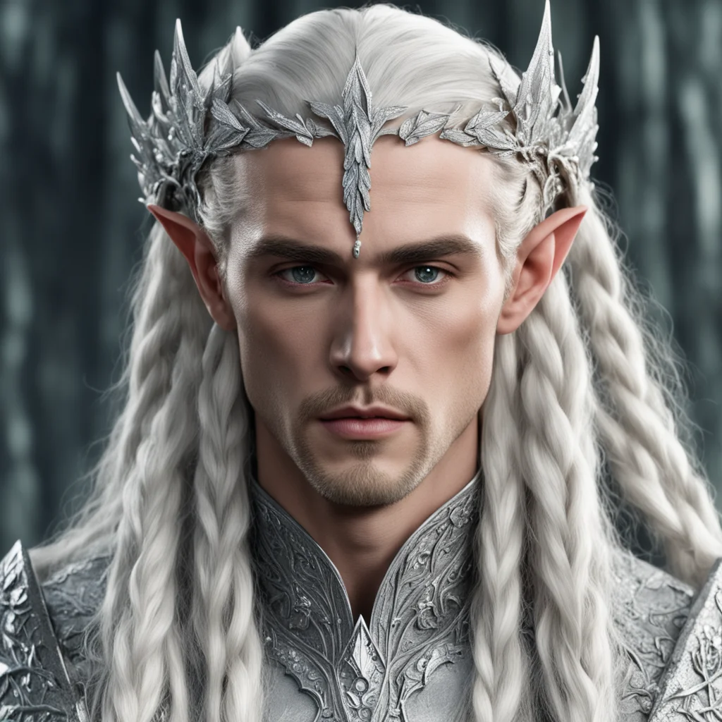 aiking thranduil with blond hair and braids wearing silver oak leaf silver elvish circlet heavily encrusted with large diamonds with large center diamond  good looking trending fantastic 1