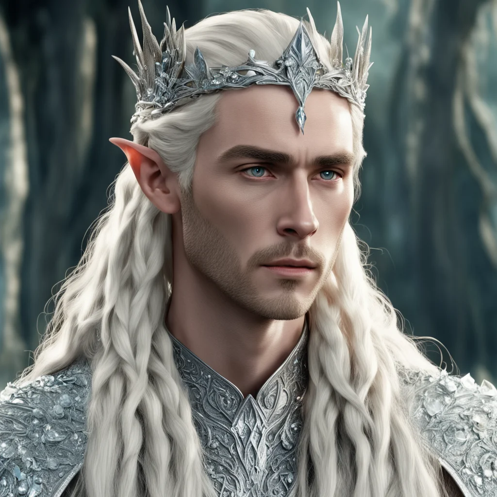 aiking thranduil with blond hair and braids wearing silver pine circlet encrusted with diamonds and large diamond clusters with large center diamond amazing awesome portrait 2