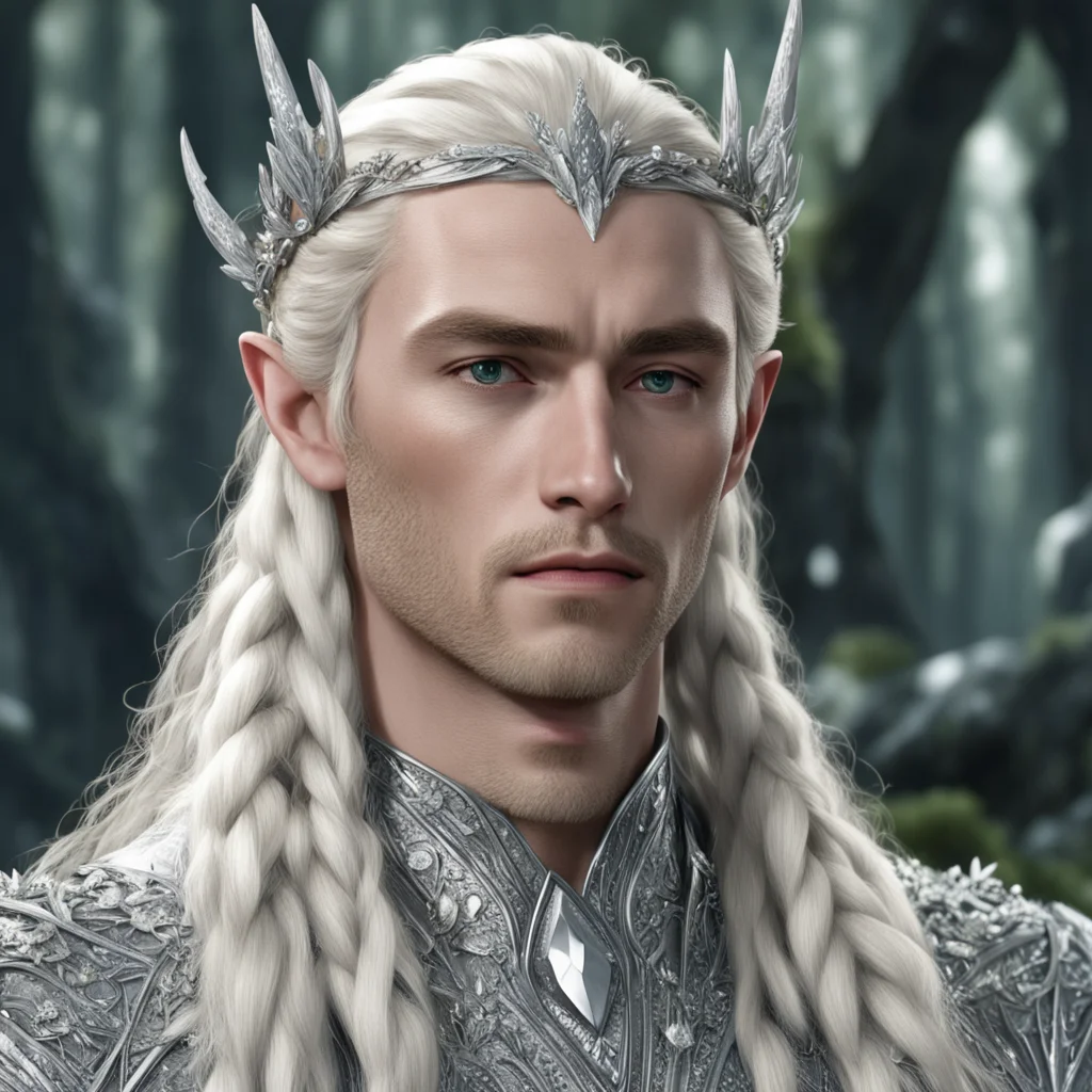 aiking thranduil with blond hair and braids wearing silver pine circlet encrusted with diamonds and large diamond clusters with large center diamond confident engaging wow artstation art 3