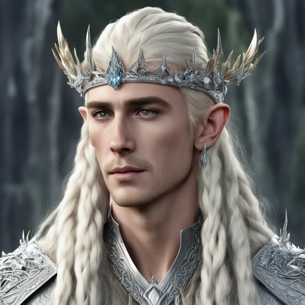 aiking thranduil with blond hair and braids wearing silver pine circlet encrusted with diamonds and large diamond clusters with large center diamond good looking trending fantastic 1