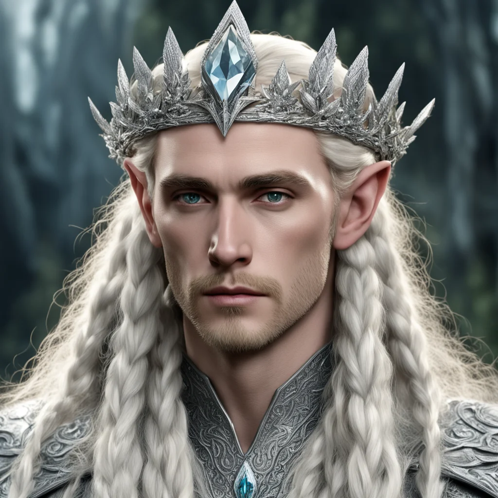 king thranduil with blond hair and braids wearing silver pine circlet encrusted with diamonds and large diamond clusters with large center diamond