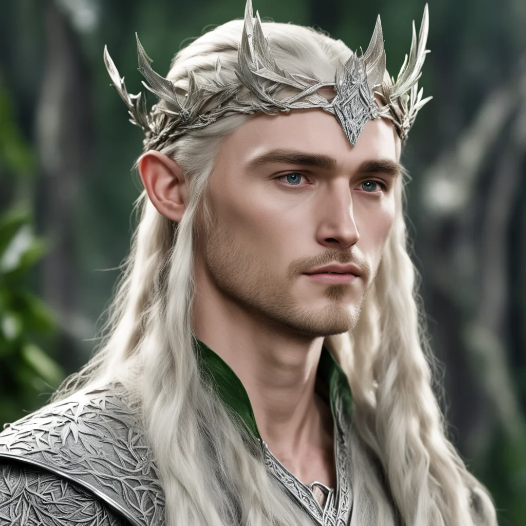 aiking thranduil with blond hair and braids wearing silver pine leaf elvish circlet with diamond at the center amazing awesome portrait 2