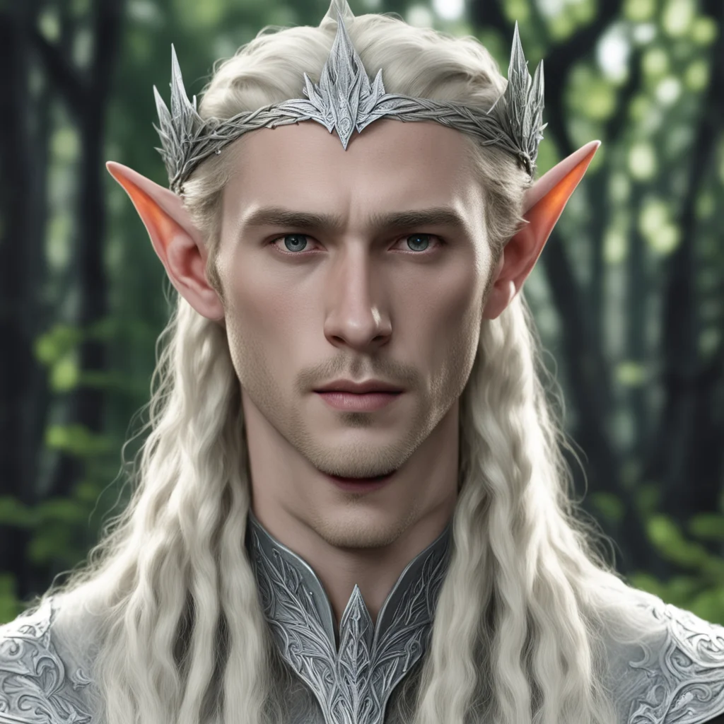 aiking thranduil with blond hair and braids wearing silver pine leaf elvish circlet with diamond at the center good looking trending fantastic 1