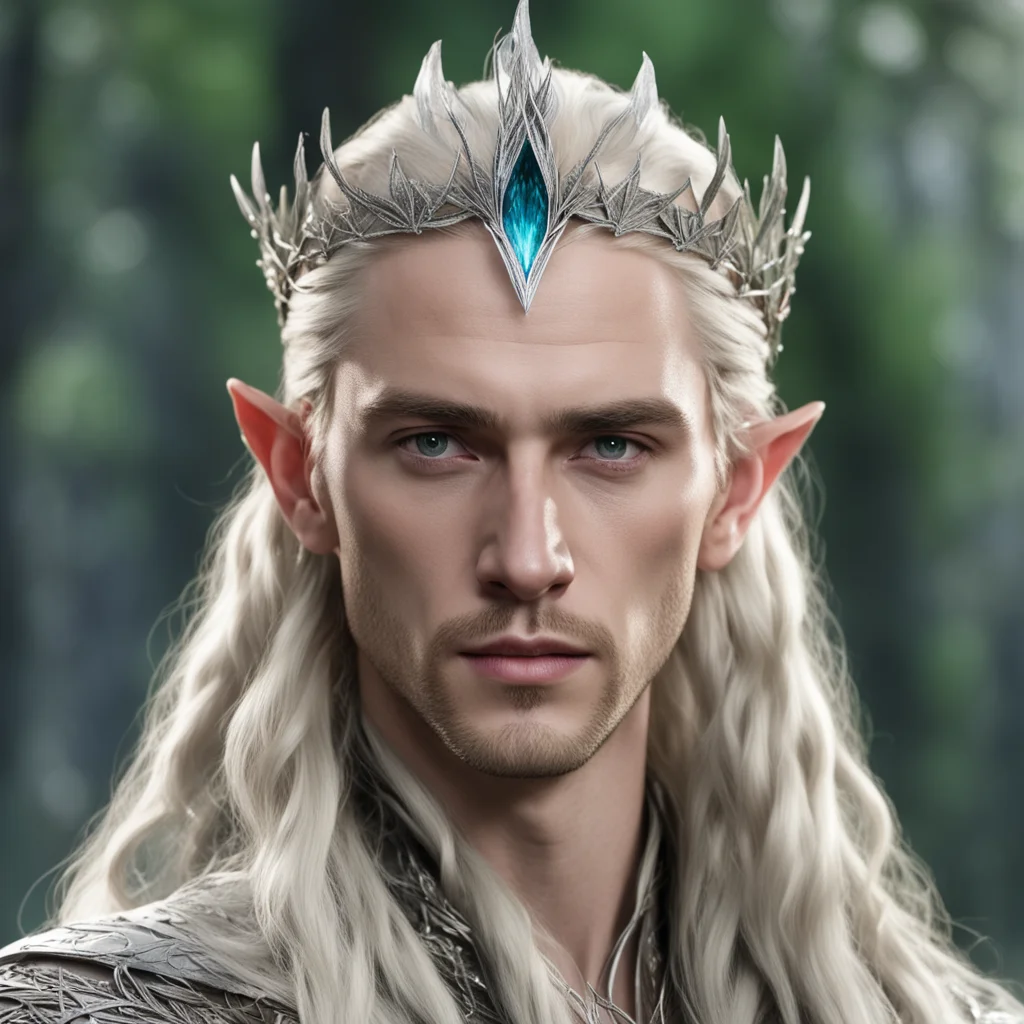 aiking thranduil with blond hair and braids wearing silver pine leaf elvish circlet with diamond at the center